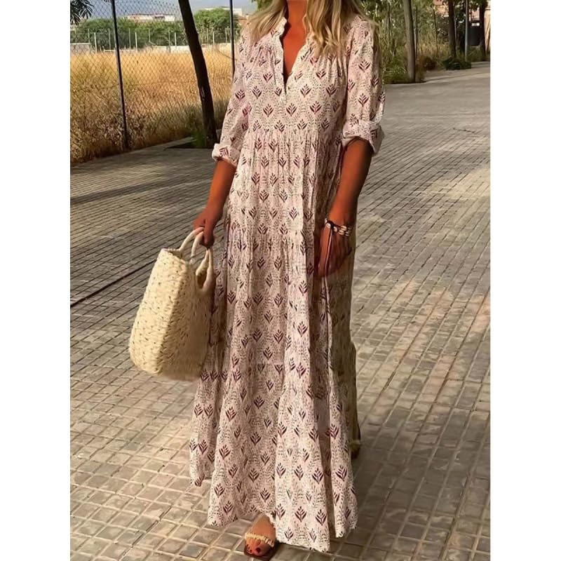 Plus Size Boho Floral Print Long Sleeve Maxi Dress for Women - V Neck Tiered Flowy Long Dress for Casual Wear, Beach Vacation & Summer Outfits