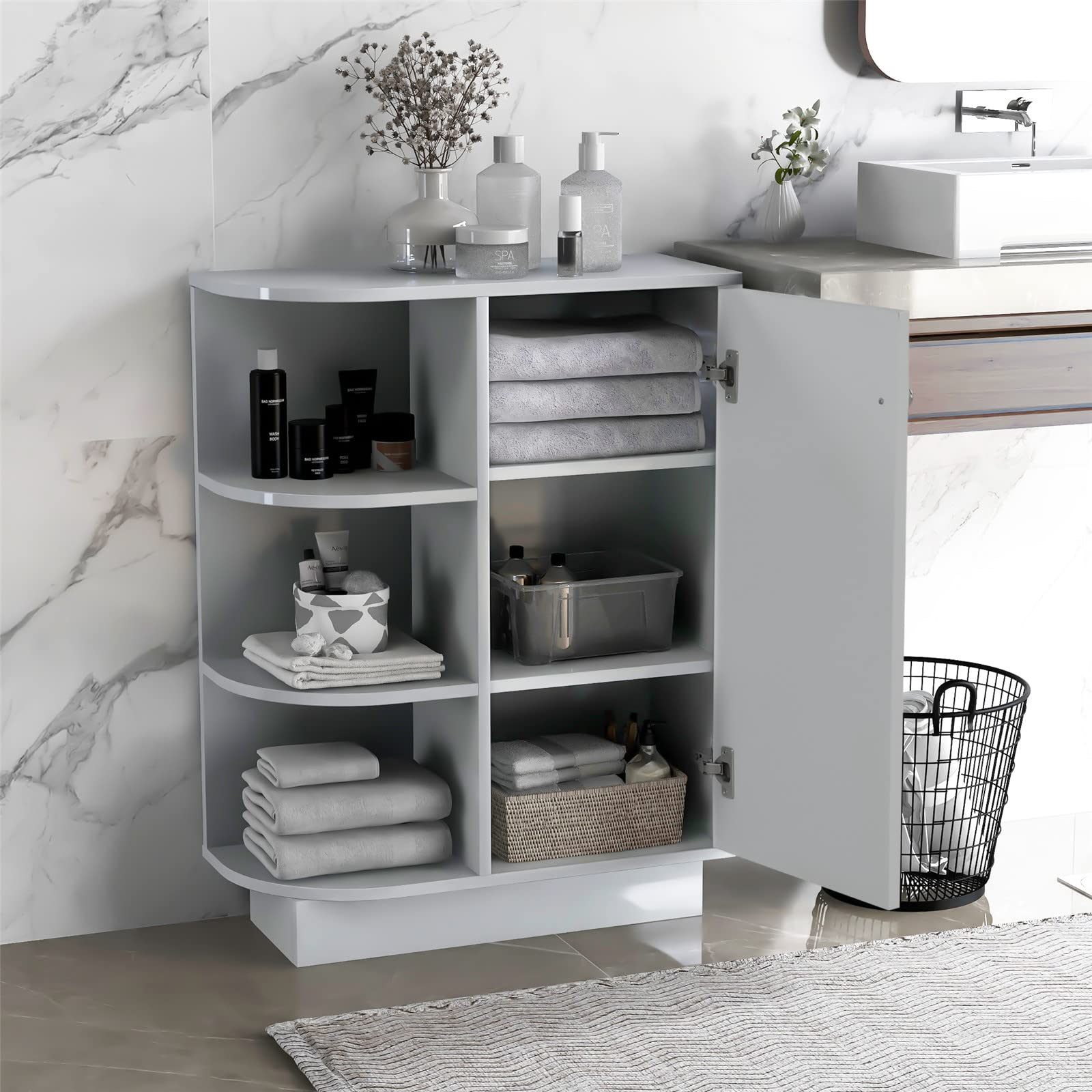 3-Tier Open Shelf Storage Cabinet - Adjustable Wooden Bathroom & Home Office Organizer with Ample Space - Easy Assembly Standing Floor Cabinet (Gray) - Perfect for Bathroom Essentials, Bedroom Decor & Office Supplies Storage