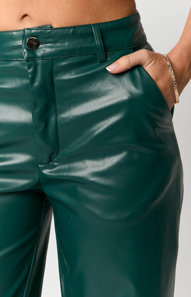Stylish Forest Green PU Leather Pants for Women - Trendy High Waist Vegan Leather Trousers for Casual Outfits & Night Out