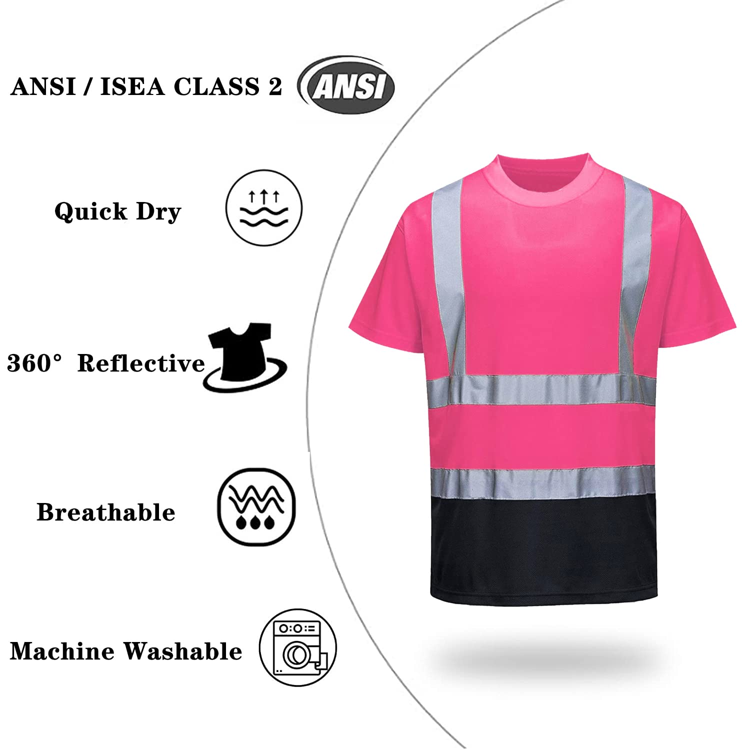 High Visibility Reflective T-Shirts for Men & Women - Safety Short Sleeve Work Shirts with Black Bottom - Ideal for Construction, Road Work, Night Running & Cycling Safety Gear