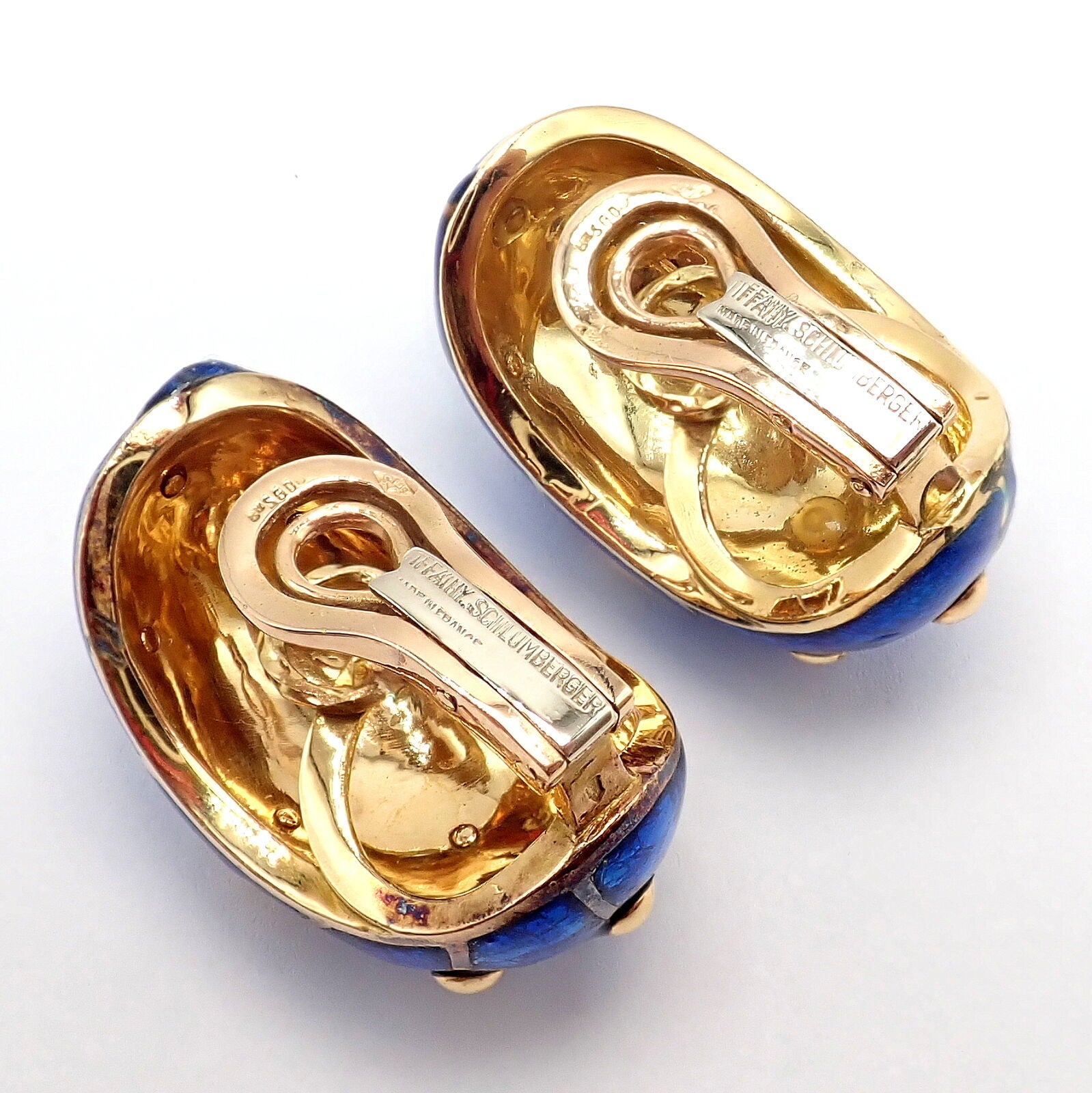 Tiffany & Co Schlumberger 18k Yellow Gold Large Blue Enamel Banana Clip Earrings - Luxury Vintage Jewelry for Women, Perfect for Parties, Weddings & Special Occasions