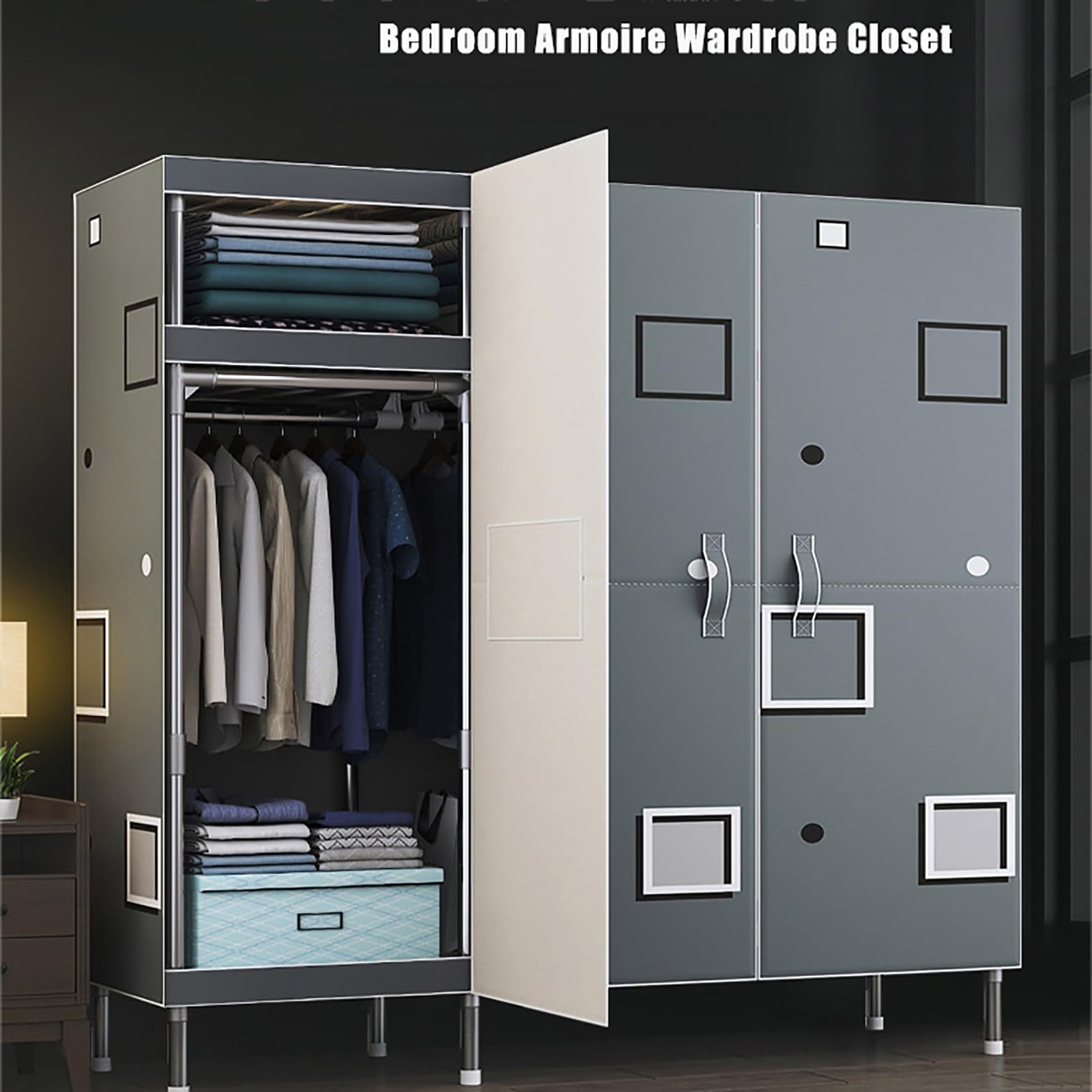 Modern Blue Linen Armoire Wardrobe with Doors & Hanging Rods - 65 Inch Wide Storage Cabinet for Bedroom Closet Organization - Contemporary Style Wardrobe for Small Spaces, Guest Rooms & Apartment Living - Ideal for Home Organization, Space Saving & Stylish Storage Solutions
