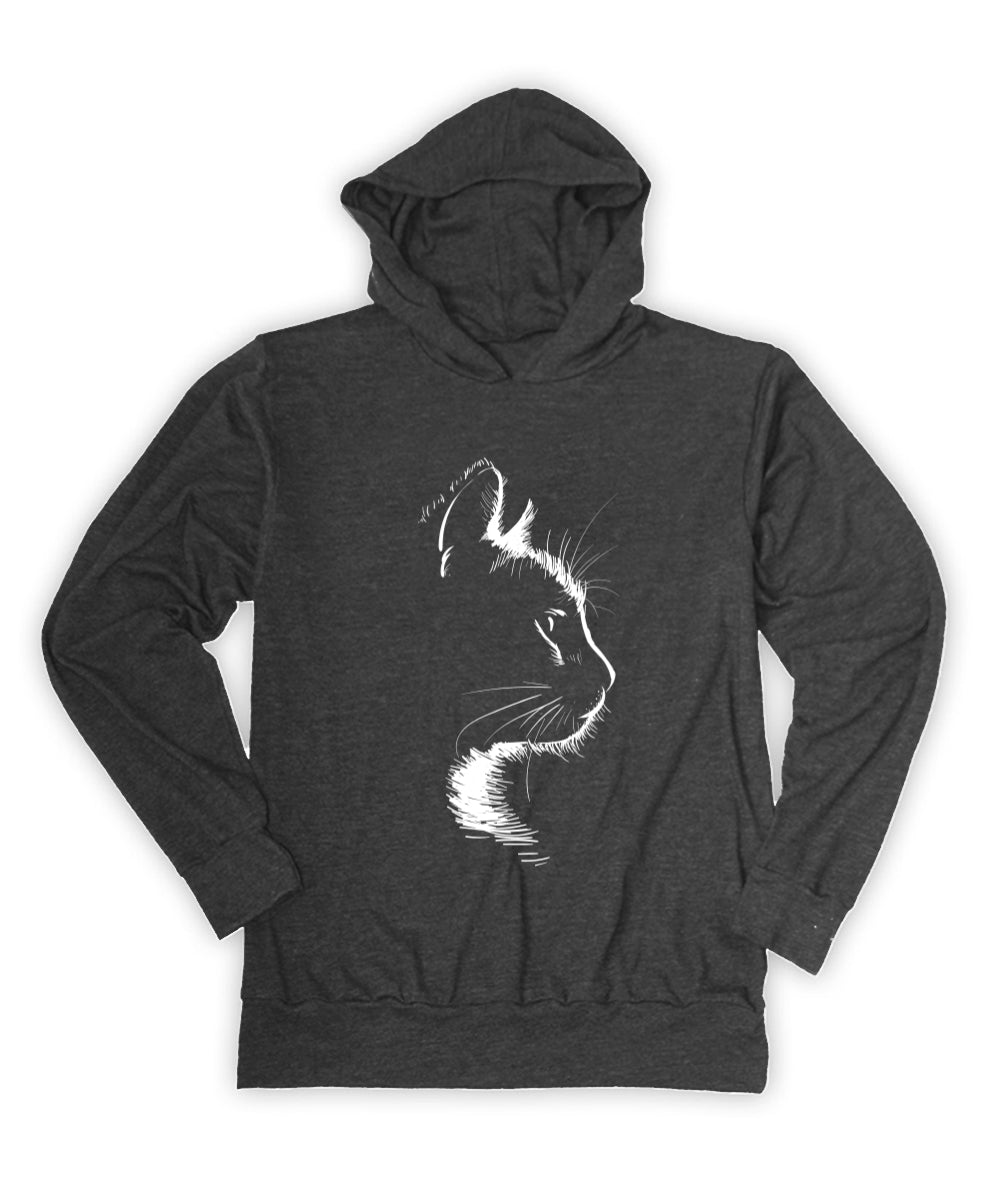 Heather Charcoal Cat Silhouette Lightweight Hoodie for Women & Men - Cozy Pullover Sweatshirt for Casual Wear, Street Style & Cat Lovers