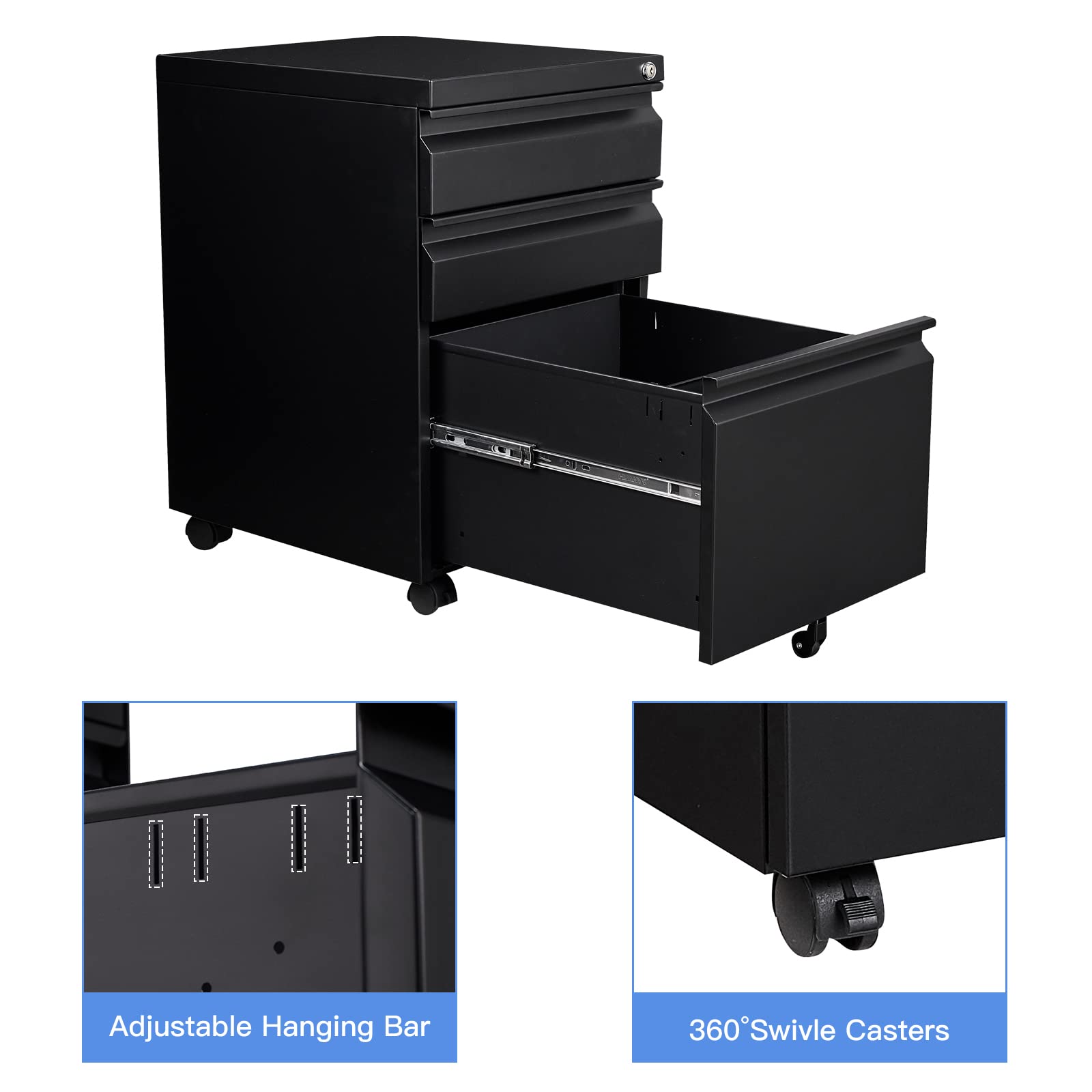 Yizosh 3-Drawer Locking Mobile File Cabinet - Black Under Desk Rolling Storage Organizer for Legal/Letter/A4 Files - Heavy Duty Metal File Cabinet with Wheels (Fully Assembled) - Perfect for Office, Home, or Classroom Organization