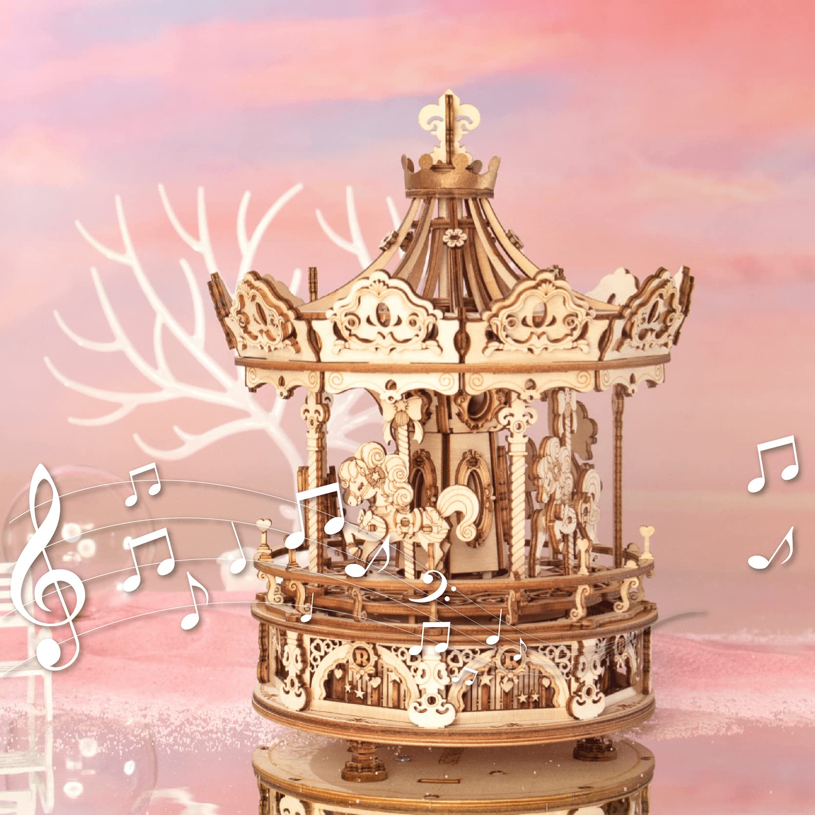 ROKR 3D Wooden Puzzle for Adults - DIY Mechanical Music Box Carousel Model Kit, Creative Building Toy & Unique Gift for Teens & Adults (14+), Perfect for Home Decor, Relaxation & Romantic Gifts - Fun DIY Craft Project for Hobbyists & Music Lovers