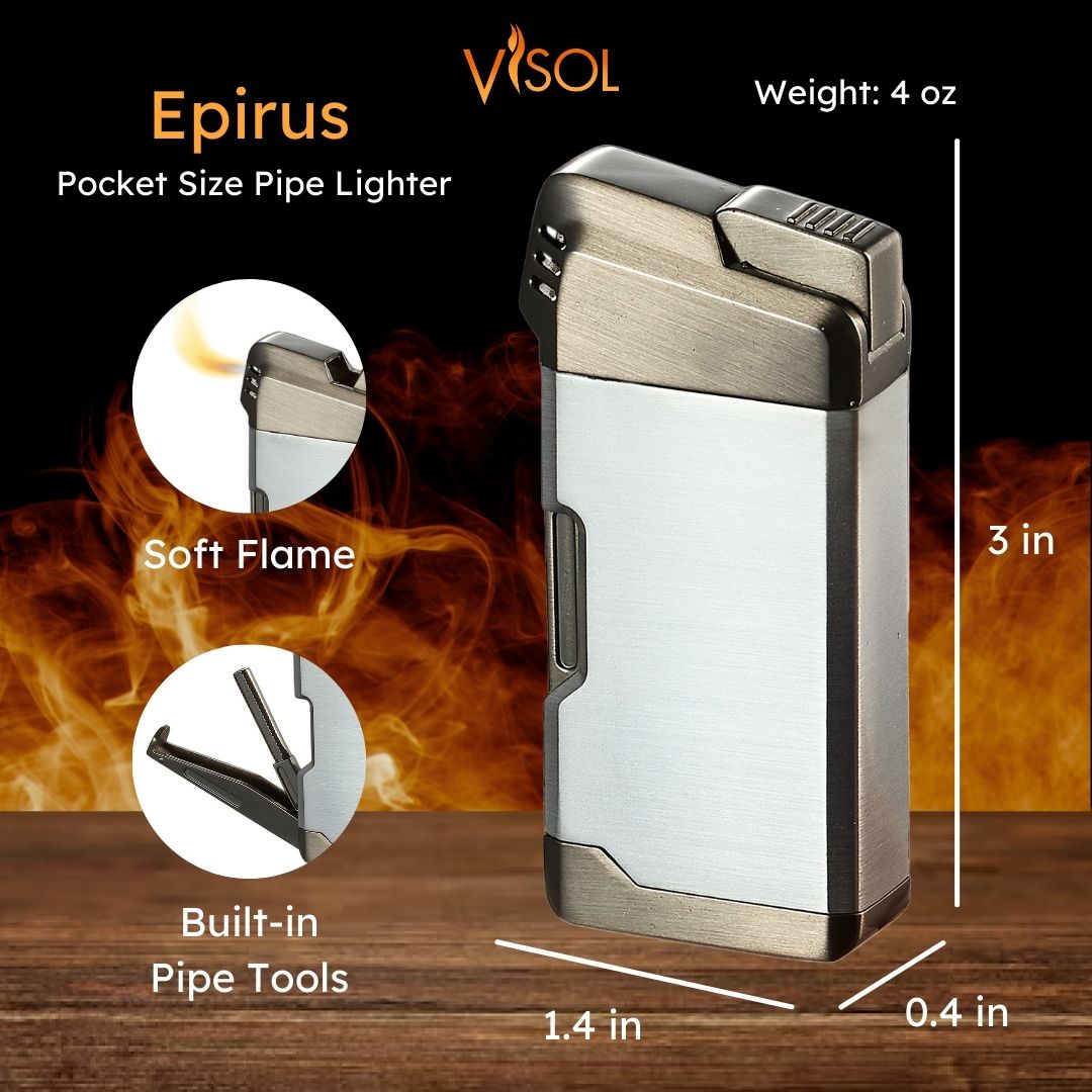 Visol Epirus Soft Flame Pipe Lighter - Silver | Premium Windproof Butane Lighter for Cigars & Tobacco Pipes | Perfect for Outdoor Use, Camping & Travel