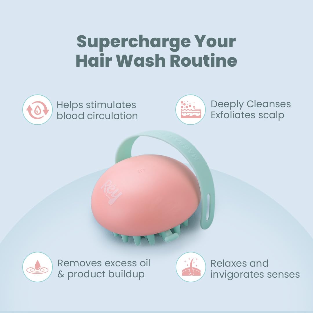 Rey Naturals Hair Scalp Massager with Soft Silicone Bristles - Shampoo & Hair Oil Brush for Men & Women - Promotes Hair Growth & Scalp Care - Relaxing Scalp Massager for Stress Relief - Perfect for Shower, Salon & Home Spa Treatments (Pink)