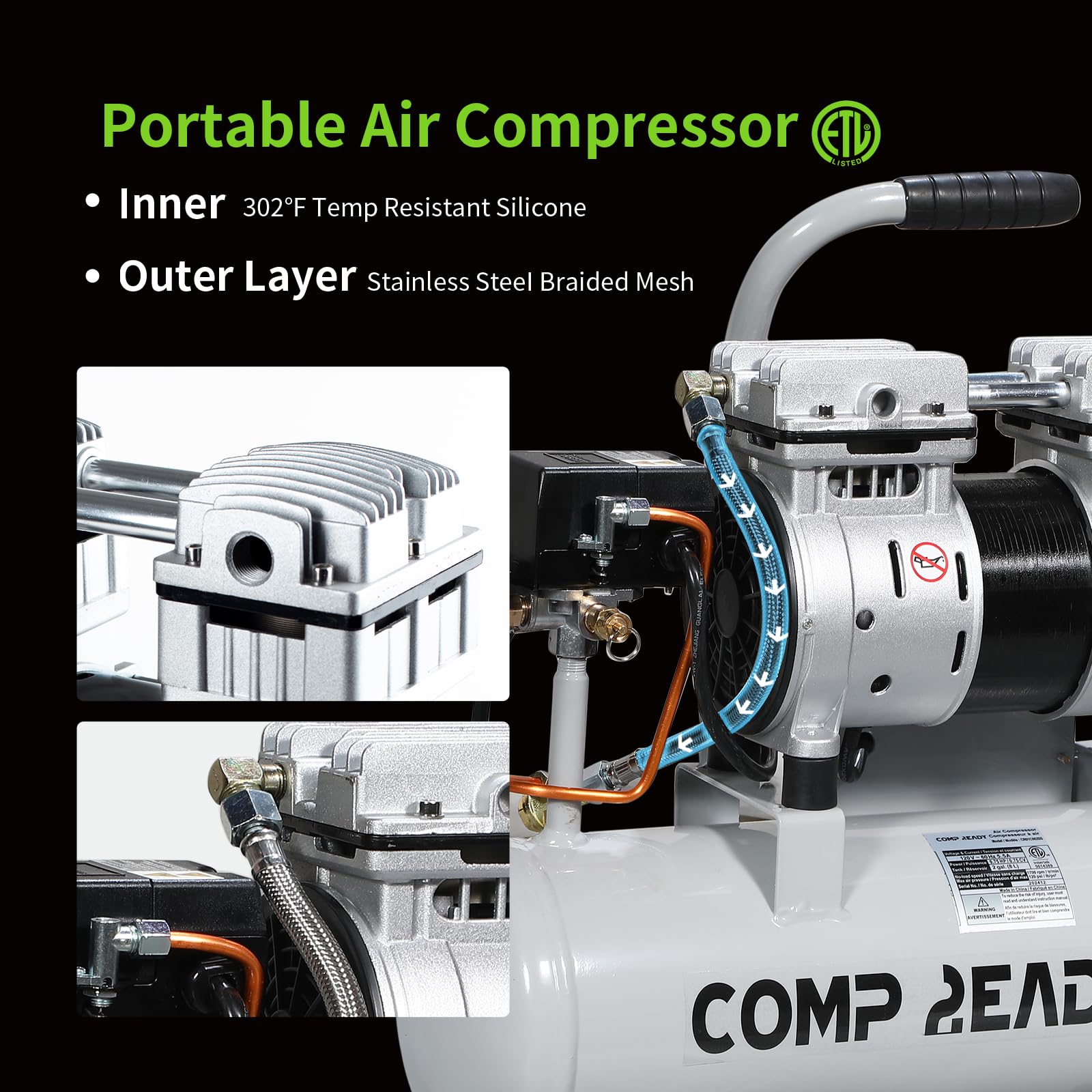 6 Gallon Portable Air Compressor | 1HP 2.5 CFM@90PSI Ultra Quiet Oil-Free Compressor (60dB) | Ideal for Tires, Pneumatic Tools, Spray Painting | Perfect for Home Garage, Auto Repair & DIY Projects