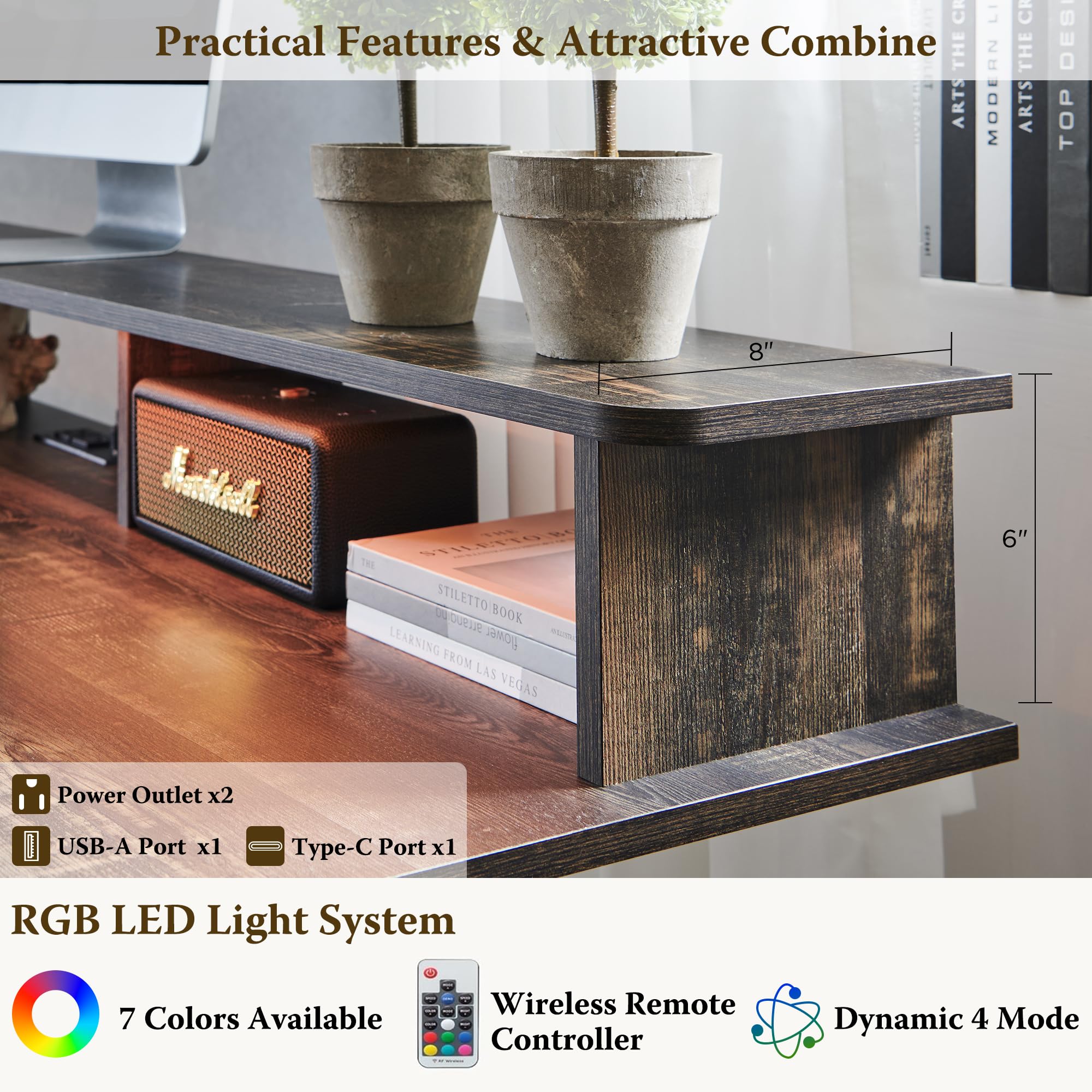 RedLemon 48 Inch Electric Standing Gaming Desk - Height Adjustable Computer Desk with Power Outlets, LED Lights, Keyboard Tray & Monitor Shelf - Dark Rustic Oak Finish for Home Office & Gaming Setup