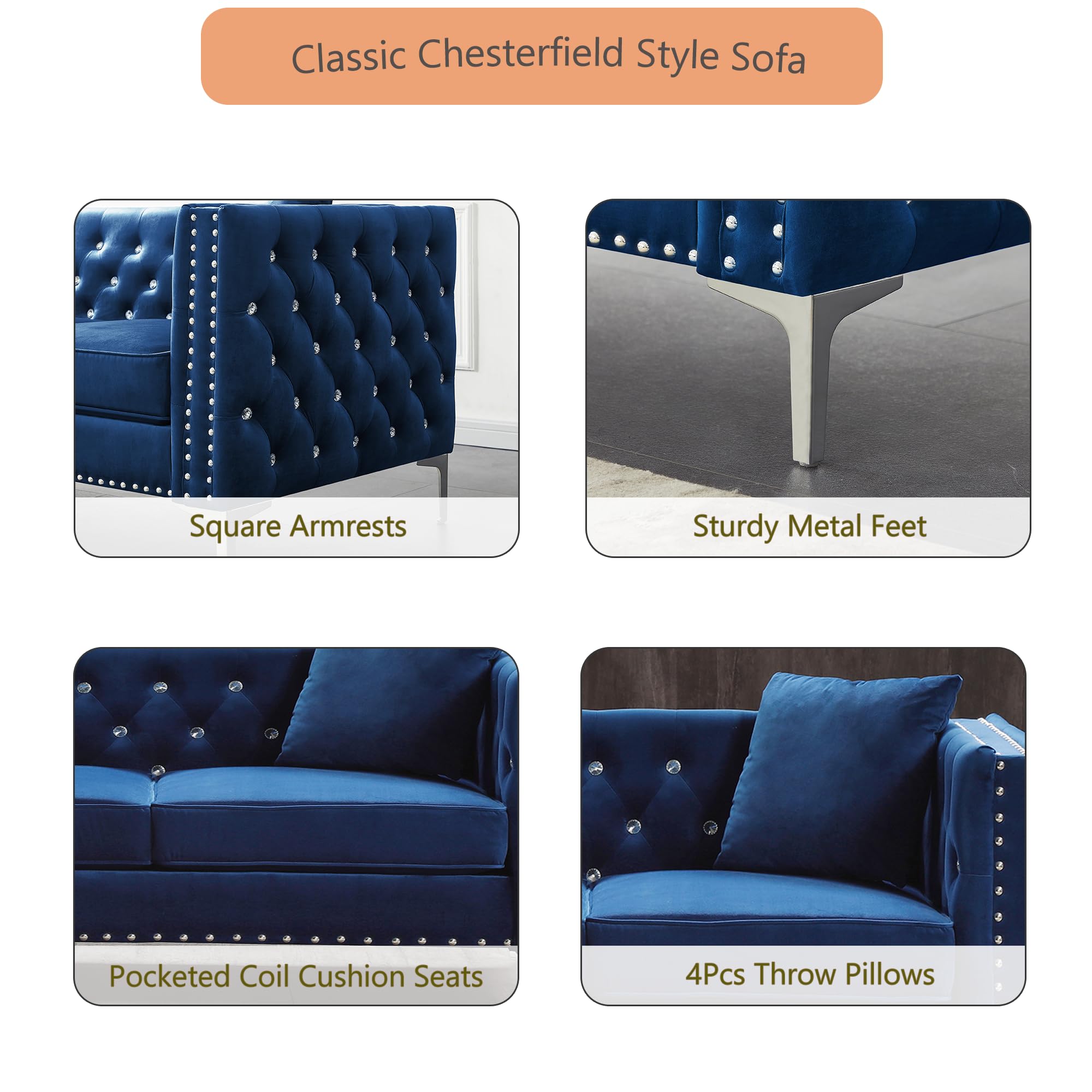 Harper & Bright Designs 2-Piece Blue Velvet Sofa Set with Jewel Buttons - 3-Seater Couch & Loveseat, Square Arm Modern Living Room Furniture with 4 Throw Pillows for Home, Office & Lounge Areas