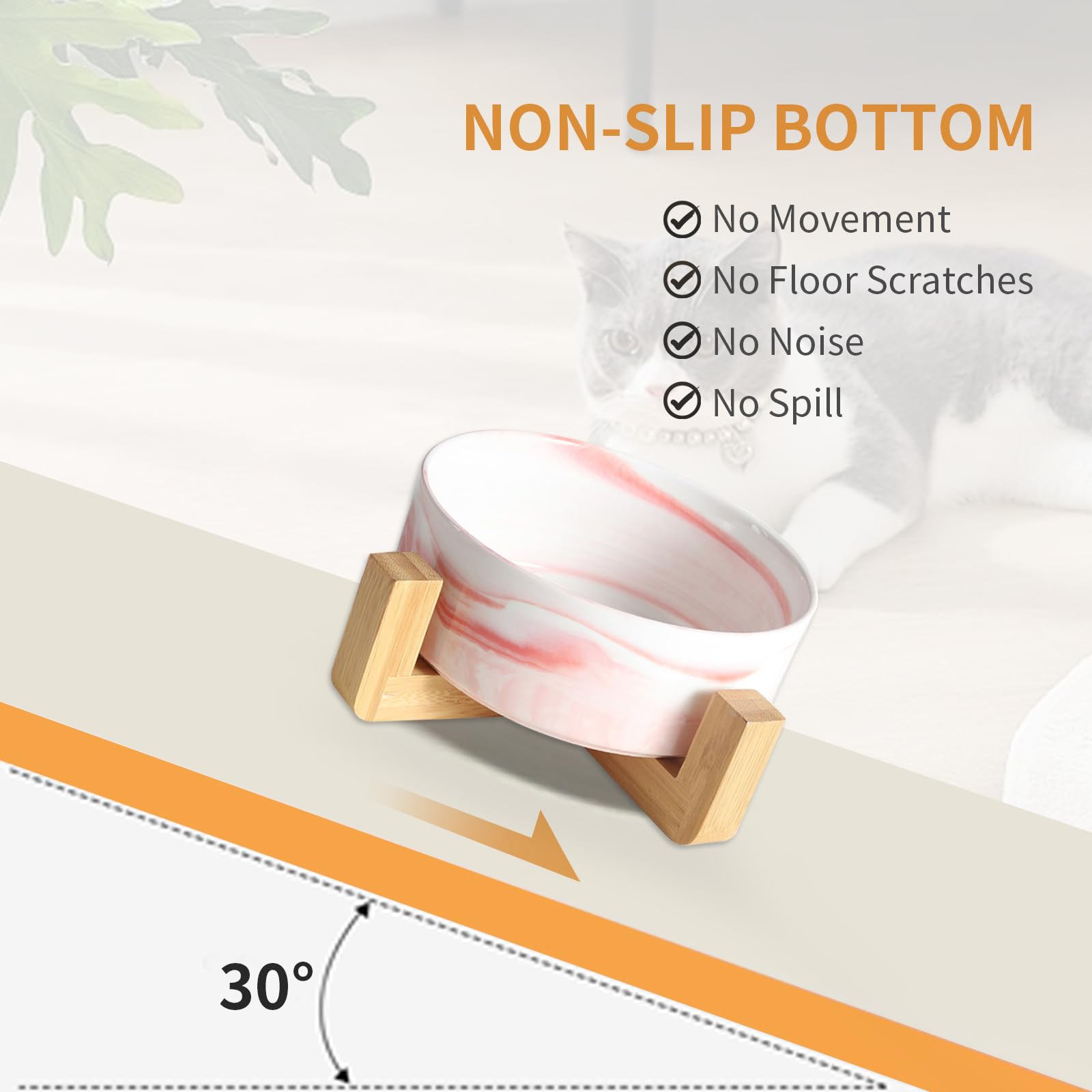 Ceramic Elevated Dog & Cat Bowl Set with Wood Stand - 28oz Durable Pet Food & Water Dish - Modern Weighted Design in Marble Pink for Small to Medium Pets - Perfect for Dining, Kitchen, or Living Room Use