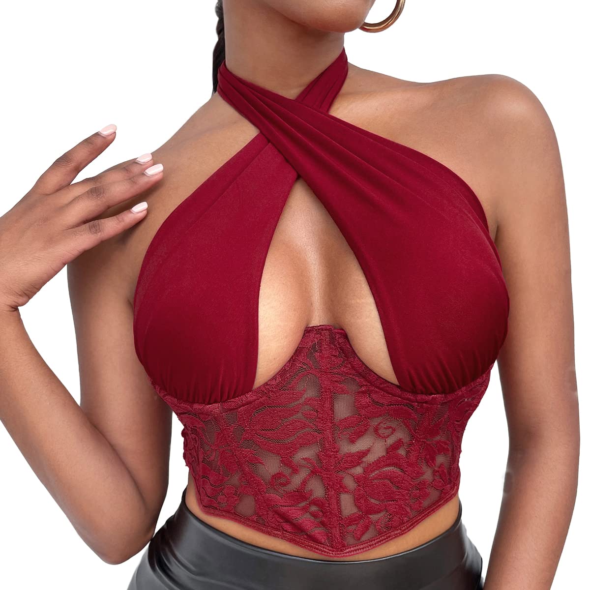 Mixcb Women's Sexy Deep V Neck Lace Trim Crop Top - Hollow Front Spaghetti Strap Corset Cami Shirt for Date Night & Summer Outfits