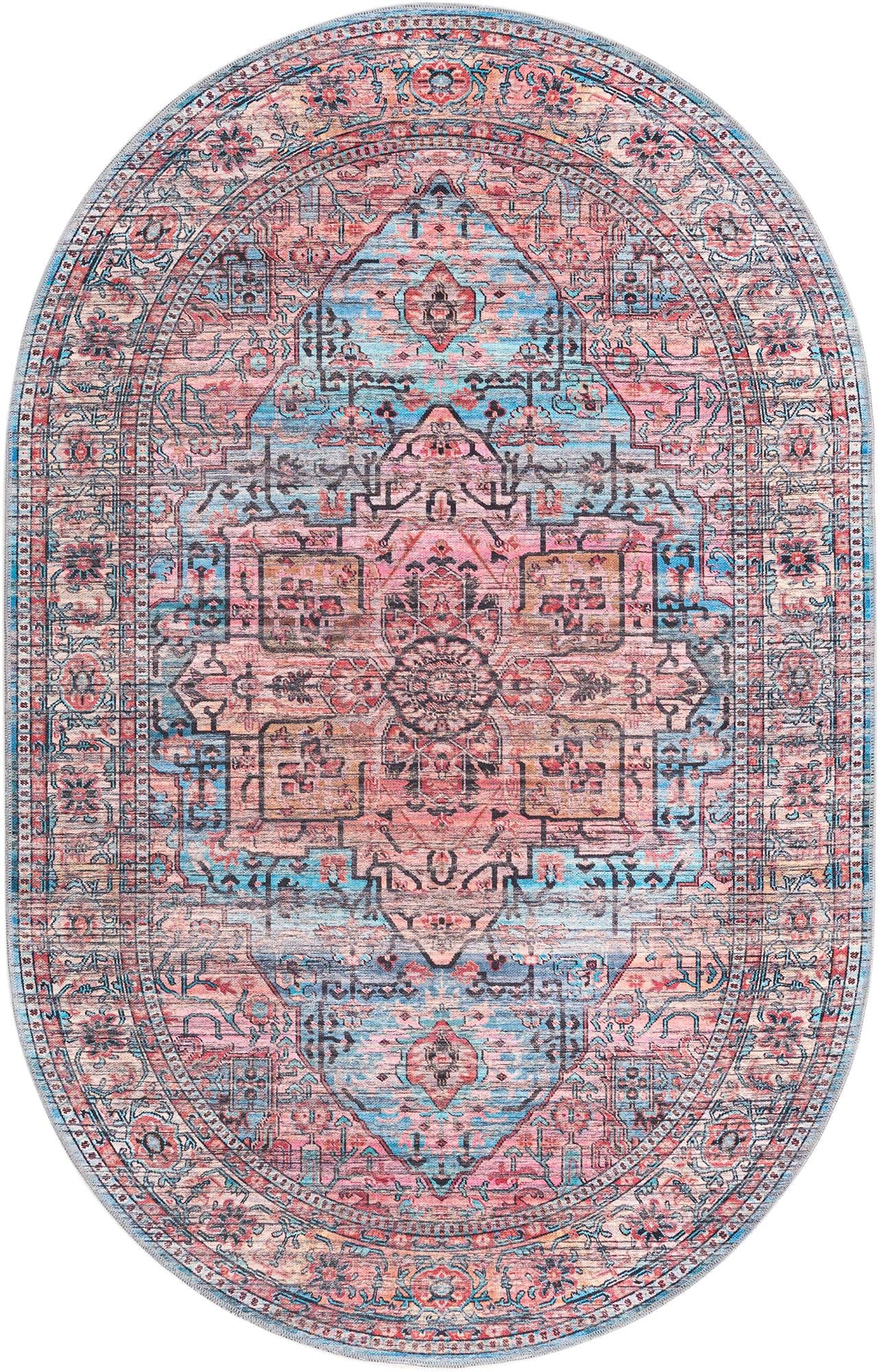 Washable Blue Low-Pile Rug 5' x 8' Oval – Maahru Collection by Rugs.com | Non-Slip Living Room Rug, Dining Room Carpet & Open Floor Plan Decor