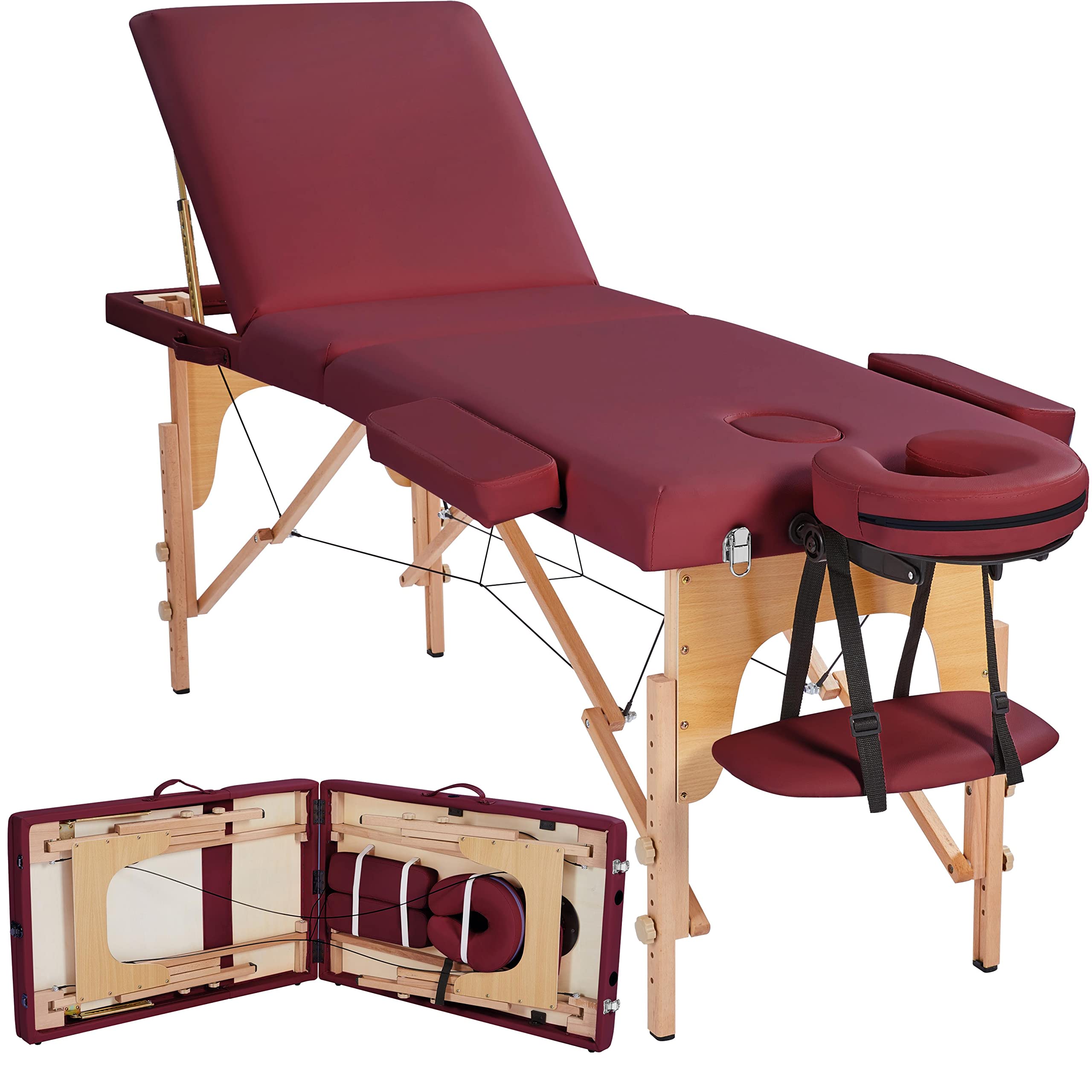 **Topeakmart Portable Adjustable Lash & Massage Bed - Salon, Tattoo, Facial Treatment Table with 3-Folding Face Cradle (Burgundy) - Perfect for Beauty Salons, Spas & Home Use**