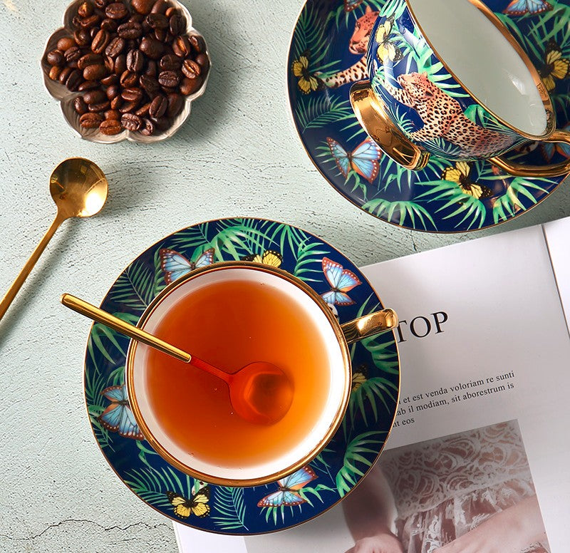 Stylish Leopard Print Ceramic Coffee & Tea Cup Set with Saucers - Elegant Bone China Porcelain Gift Box for Birthday, British Tea Party, Home Decor & Afternoon Tea