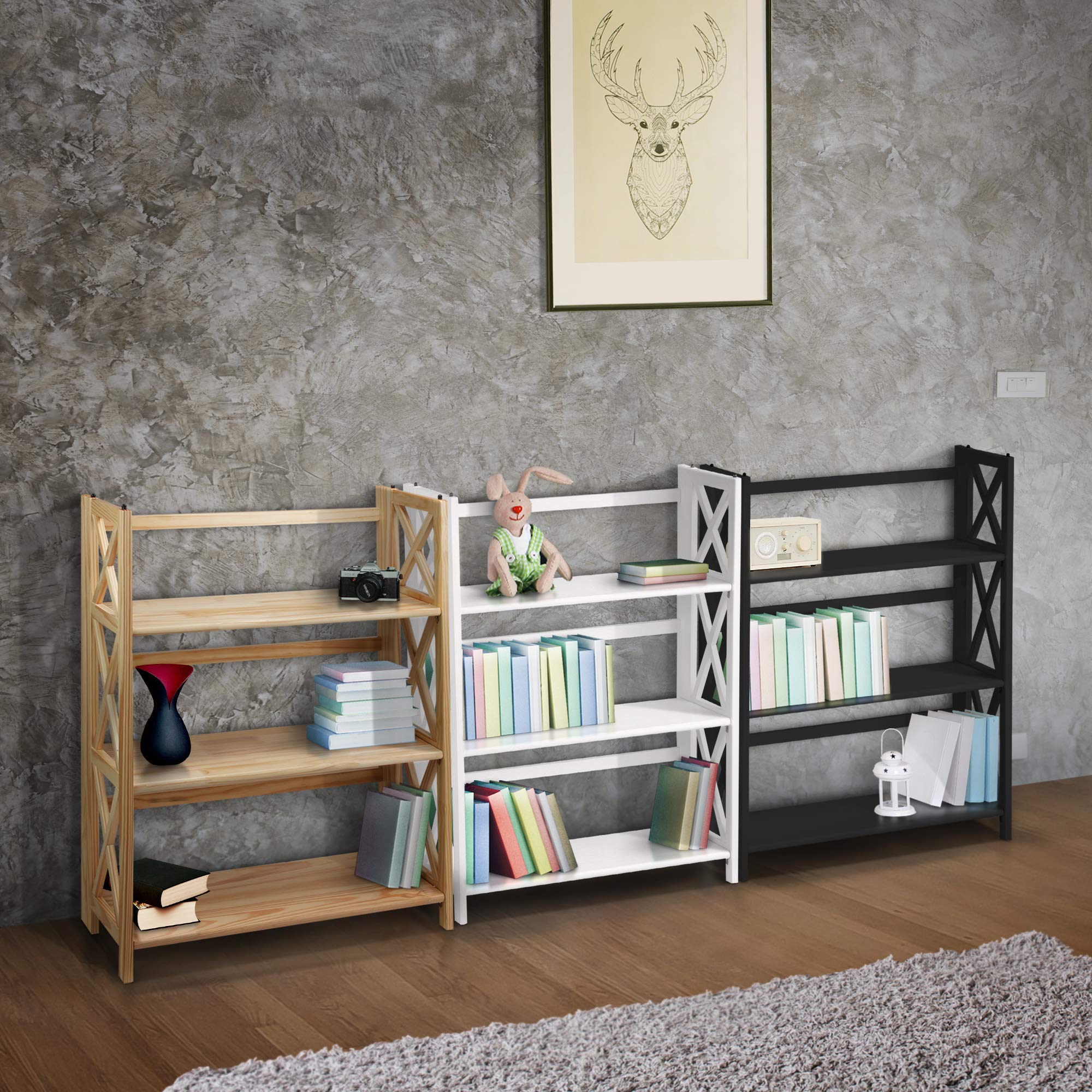 Casual Home Montego 3-Shelf Folding Bookcase - Natural Wood Storage Shelf for Books, Toys & Decor | Space-Saving Organizer for Bedroom, Living Room & Office