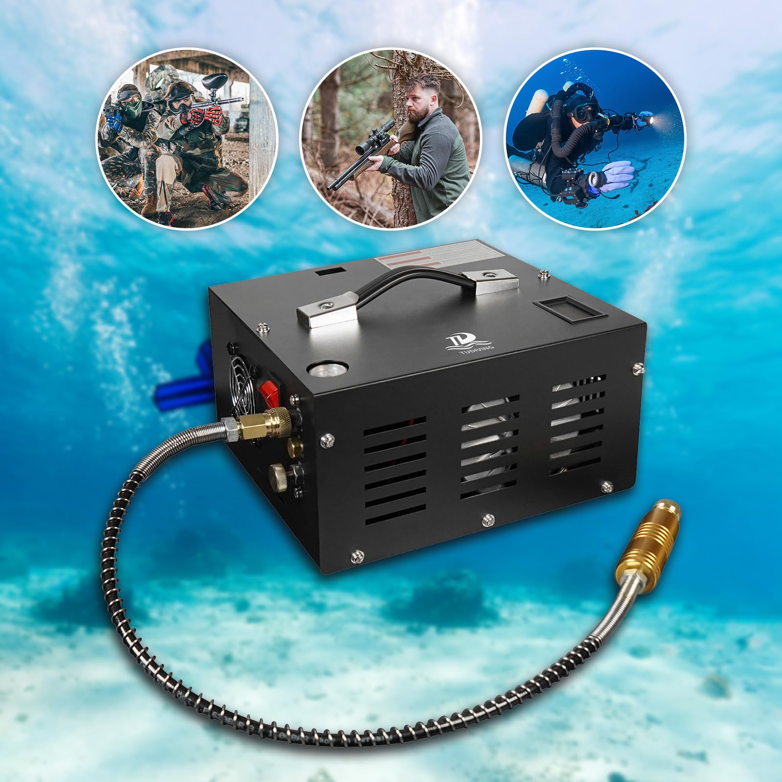TUDIVING 4500Psi Portable PCP Air Compressor - High Pressure 12V Car Pump with Power Adapter | Scuba Tank Compressor for Diving Tanks, PCP Air Rifles & Paintball Guns | 110V Electric Air Pump for Outdoor Sports, Hunting & Shooting (Model TXES061)
