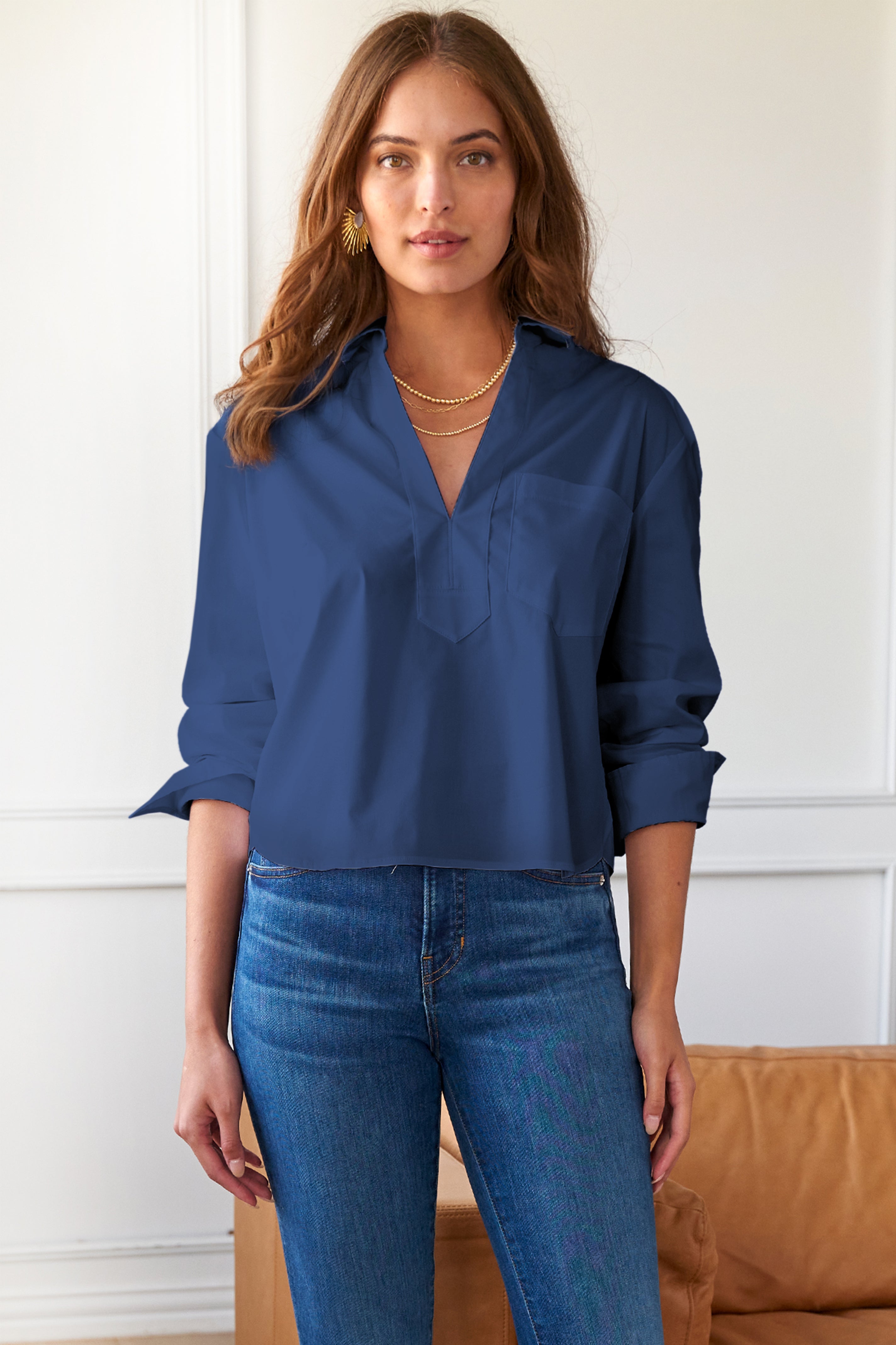 Joni Long Sleeve Popover Poplin Blouse in Navy Blue | Women's Casual Office Wear & Spring Fashion Essential