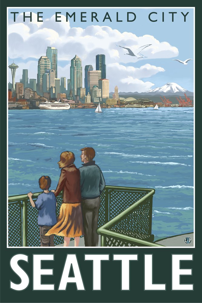 Seattle Washington Skyline - The Emerald City & Ferry 19626 - 24x36 Signed Art Print - Wall Decor Poster for Living Room, Office & Home Decoration