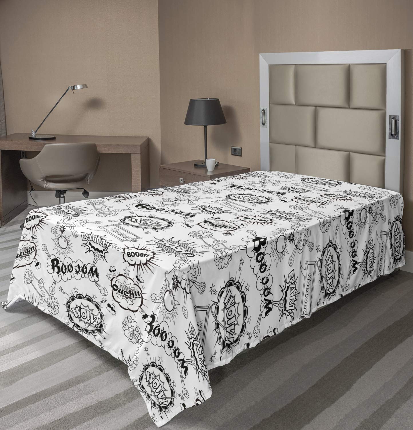 Lunarable Comic Book Doodle Flat Sheet - Black & White Pop Art Bedding with Speech Bubbles & Sound Effects | Soft Twin Size Top Sheet for Kids & Teens Room | Humorous Decor for Comic Lovers & Geek Culture Enthusiasts