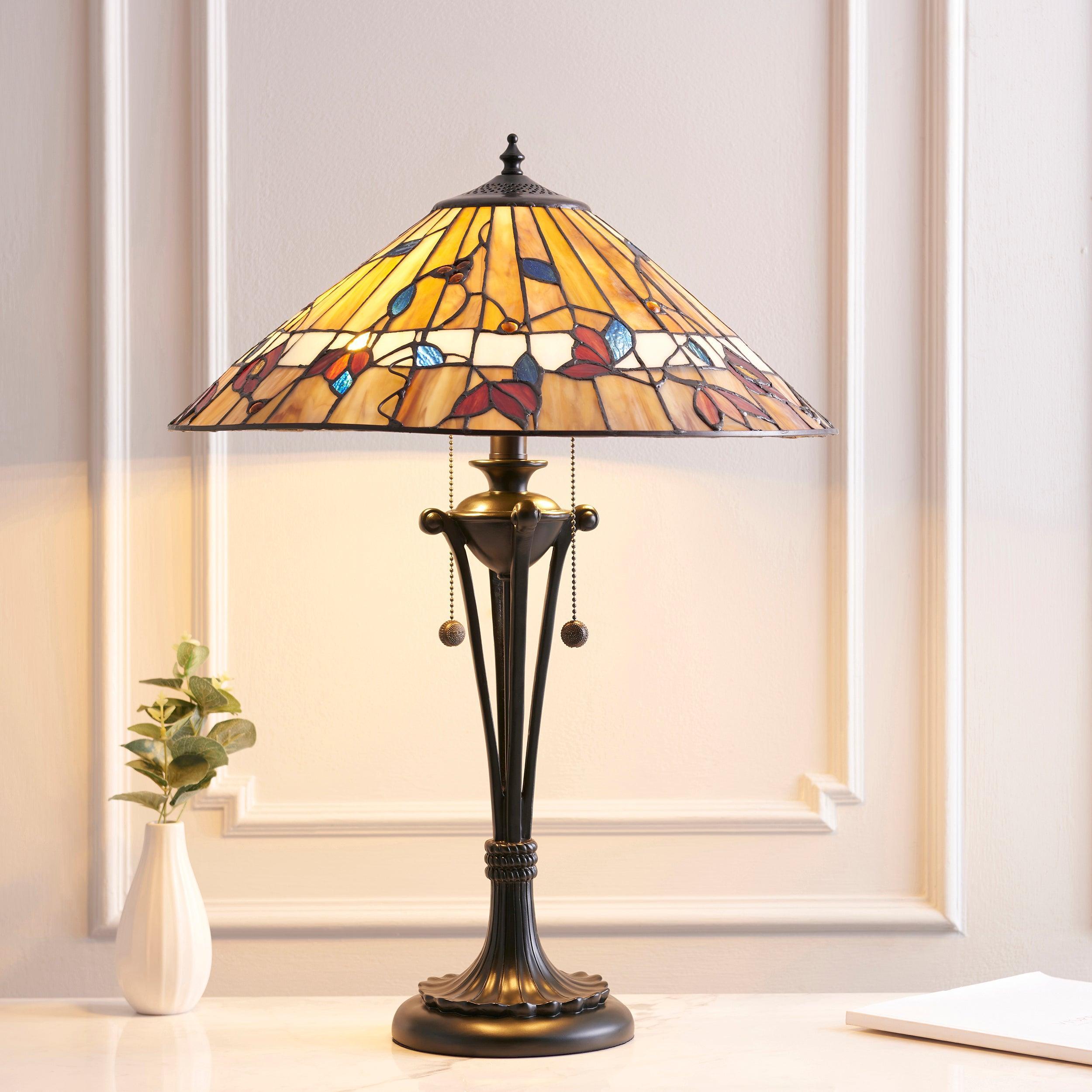 Vintage Bernwood Tiffany Table Lamp - Stained Glass Shade, Antique Bronze Finish - Perfect for Living Room, Bedroom, or Office Decor