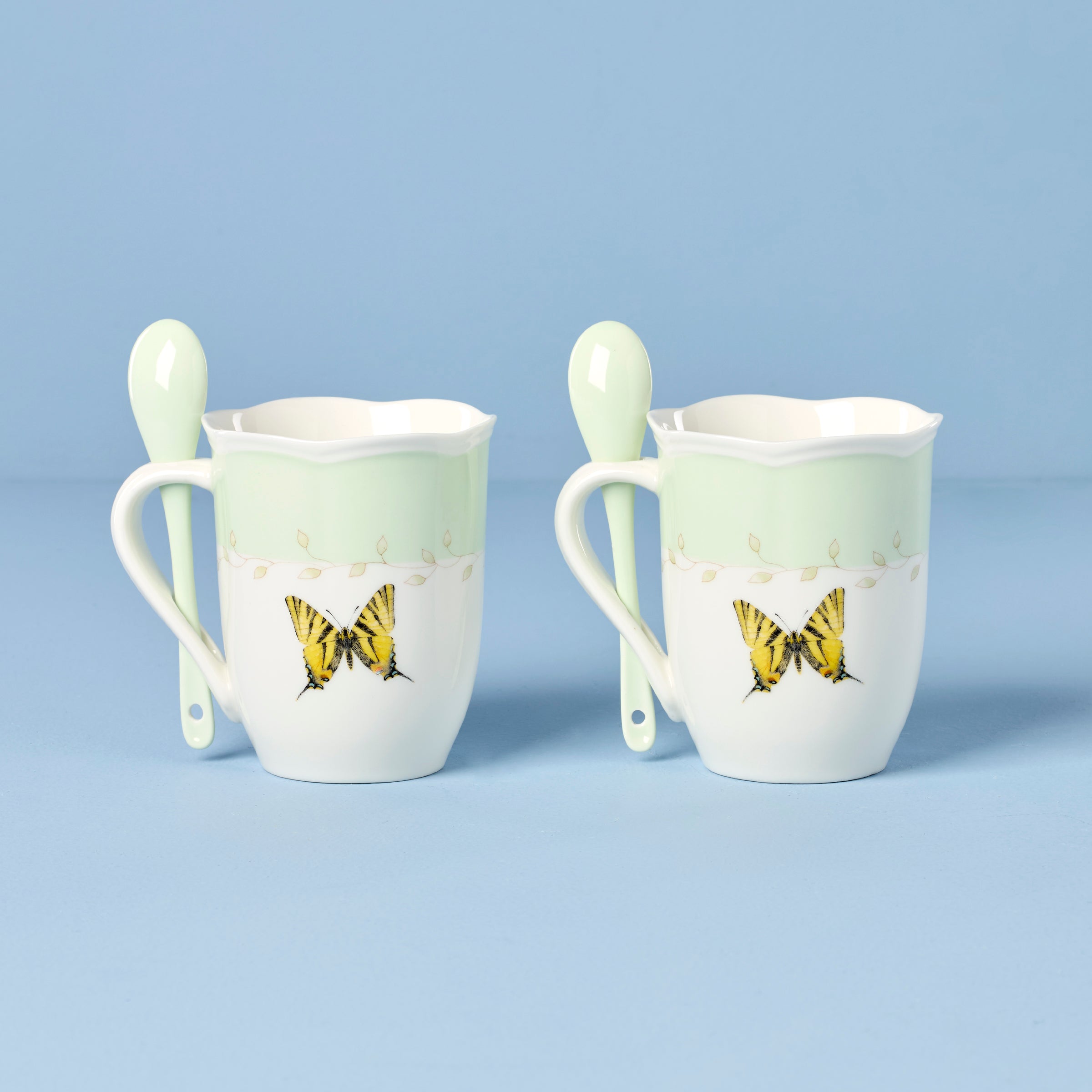 Butterfly Meadow Green Coffee Mugs with Spoons - Set of 2 Ceramic Tea Cups for Home, Office & Gift Giving | Perfect for Morning Coffee, Afternoon Tea & Cozy Moments