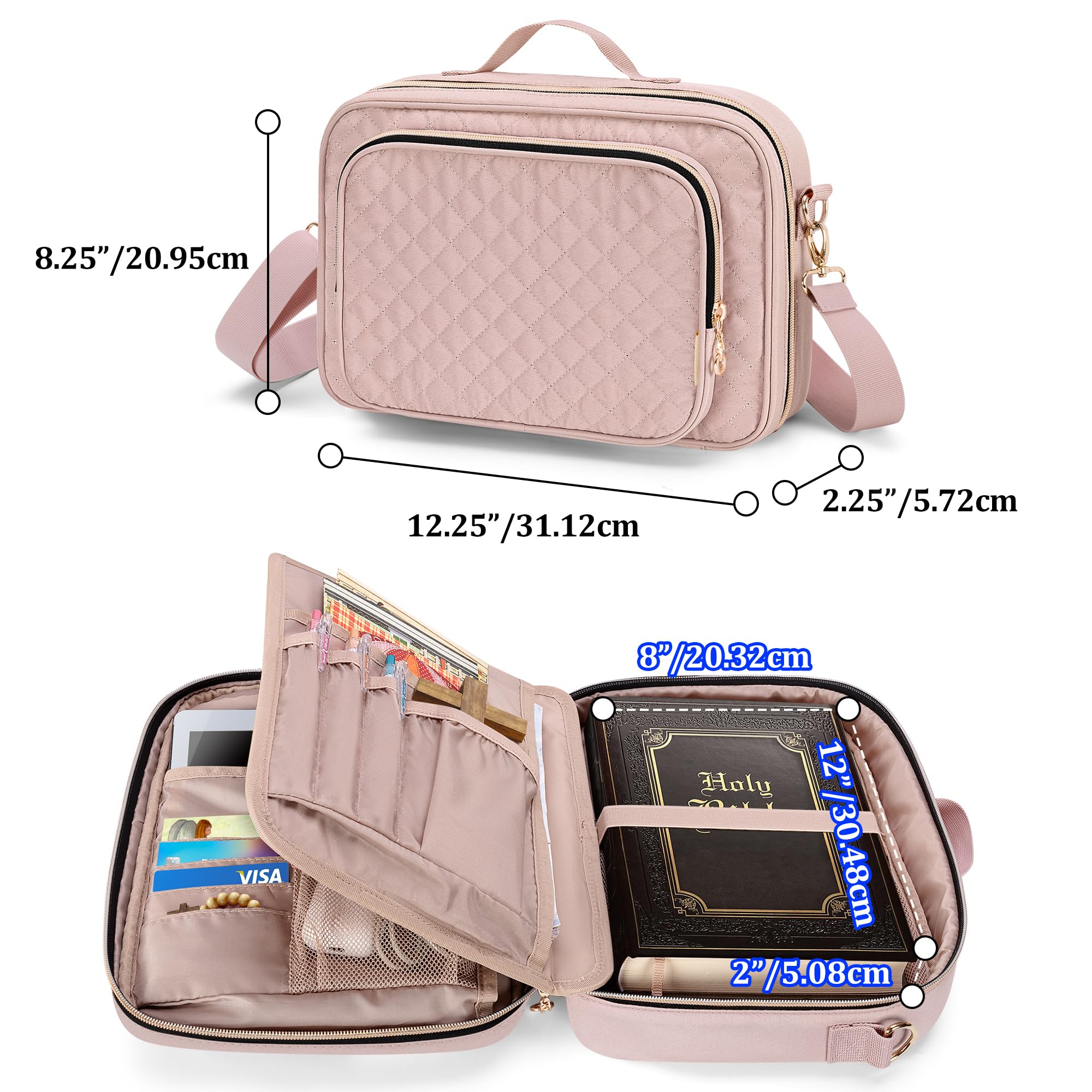 Teamoy Large Bible Cover for Men & Women - Quilted Church Book Bag with Shoulder Strap & Detachable Pen Slots (Pink) - Perfect for Sunday Service, Bible Study & Travel