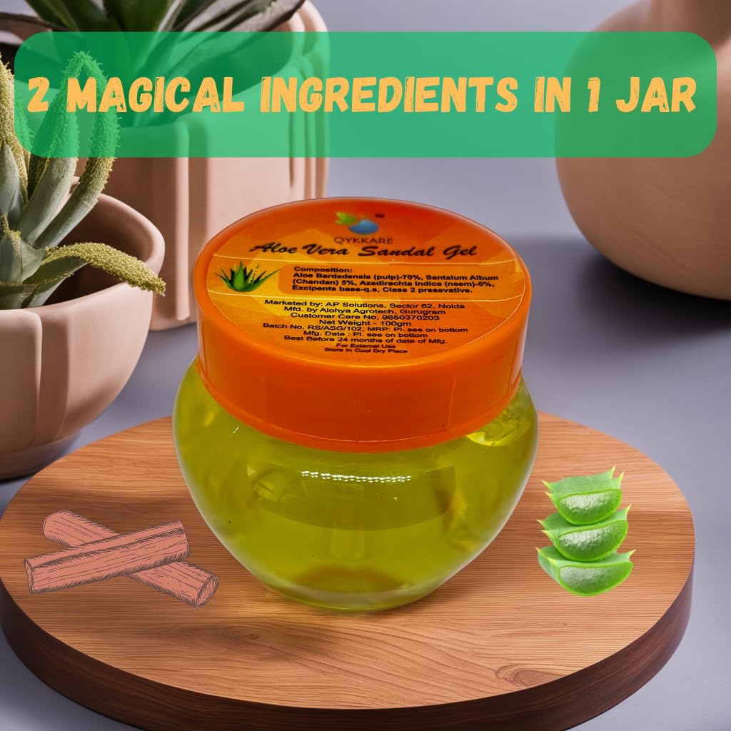 QYKKARE Aloe Vera Sandal Gel - 200gm (100gm X 2) - Soothing Moisturizer for Sunburn, Dry Skin & Hair Care - Perfect for After Sun, Daily Hydration & Scalp Treatment