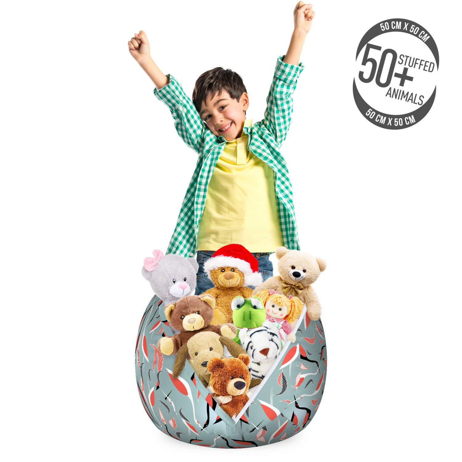 Ambesonne Heron Storage Toy Bag Chair - Abstract Birds & Leaves Design, Washable Stuffed Animal Organizer, Small Size in Pale Teal Coral - Perfect for Kids' Room, Nursery, Playroom & Toy Storage Organization