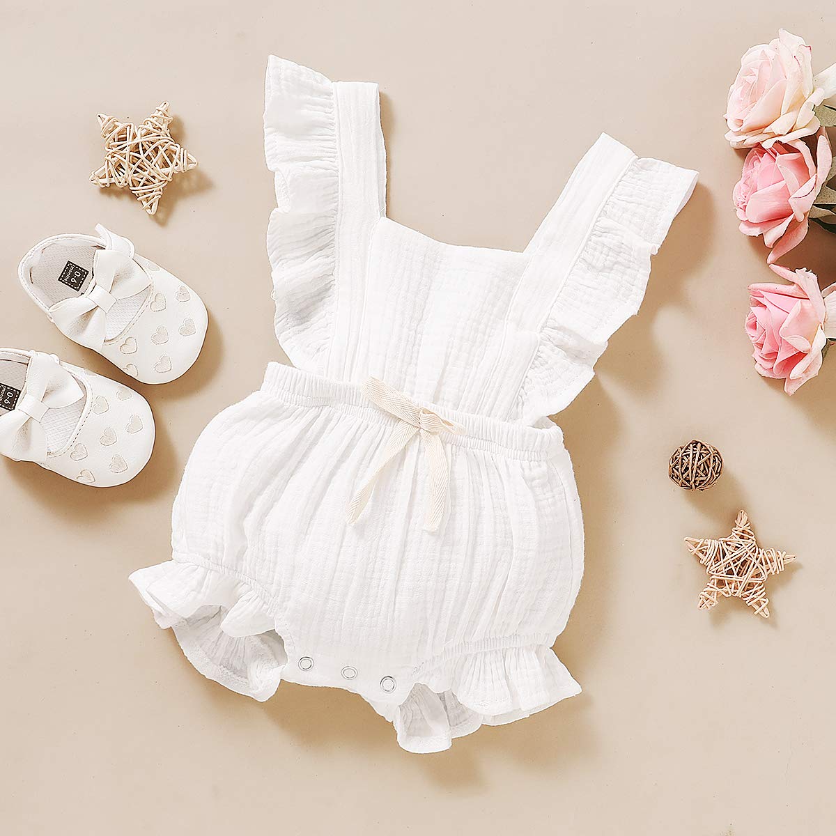YOUNGER TREE Toddler Baby Girl Ruffled Sleeveless Romper - Soft Cotton Linen Summer Jumpsuit for Casual Wear | Perfect for Playdates, Beach Outings & Family Photos