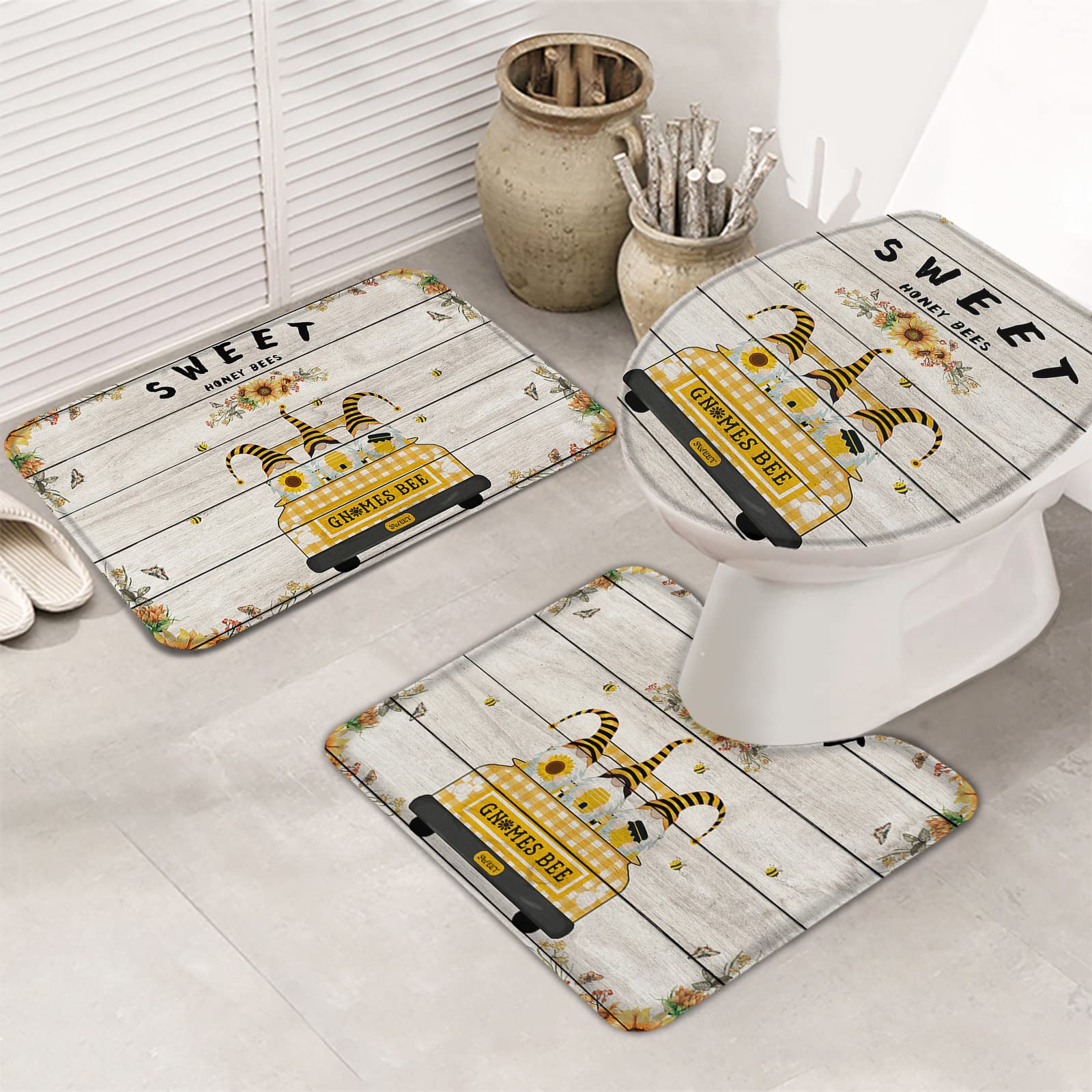 3 Piece Bathroom Rug Set - Non-Slip Gnome Bee Sunflower Design, Soft Absorbent Shower Mat with Wood Grain Pattern, Contour Mat & Toilet Lid Cover - Perfect for Farmhouse, Vintage & Retro Bathroom Decor