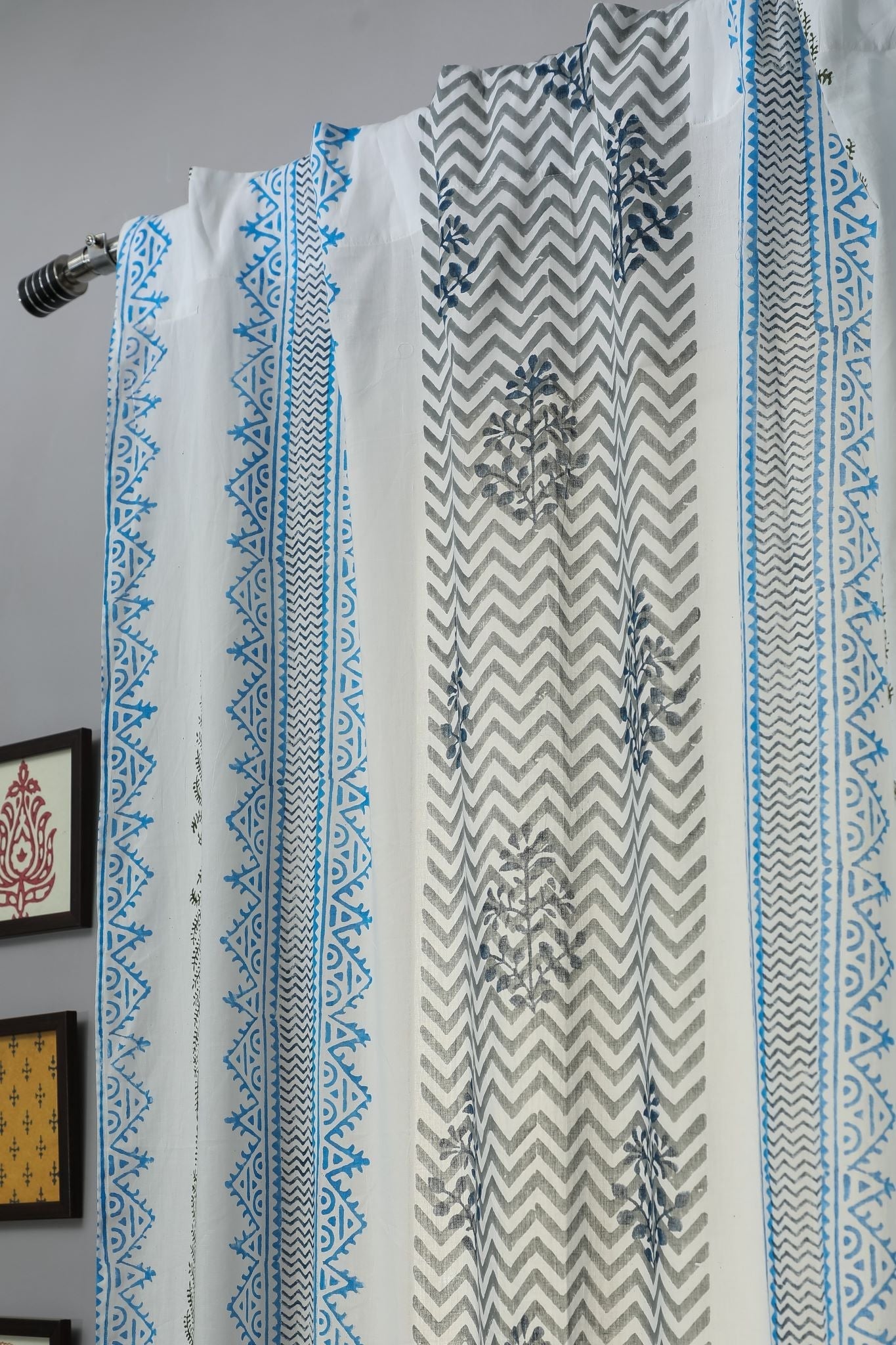 Bering Blue Handblock Printed Cotton Door Curtain by SootiSyahi - Traditional Indian Block Print Window Drapes for Living Room, Bedroom & Home Decor
