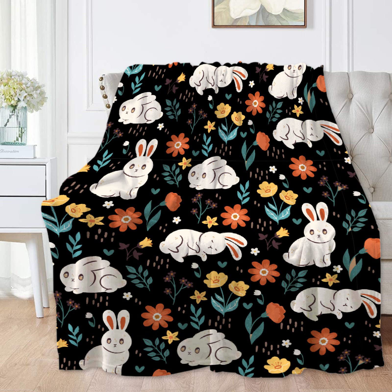 Soft Cozy Fleece Bunny & Flower Throw Blanket for Women & Girls - Extra Large 120x90 Inch (Overking) All-Season Blanket for Bed, Couch, Chair - Perfect for Family Movie Nights, Nursery Decor & Gift Giving