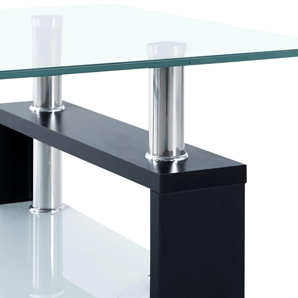 Modern Black & Transparent Tempered Glass Coffee Table with Melamine Legs - 2-Tier Design, Easy to Clean, 37.4