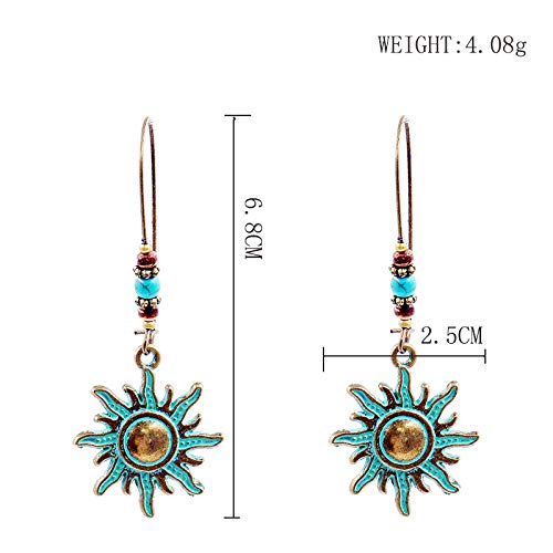 Vintage Bronze Ethnic Teal Green Sunflower Hamsa Hand Pendant Earrings for Women - Long Tassel Dangle Drop Earrings with Feather Rose Flower Design | Perfect for Boho Fashion, Festivals & Special Occasions