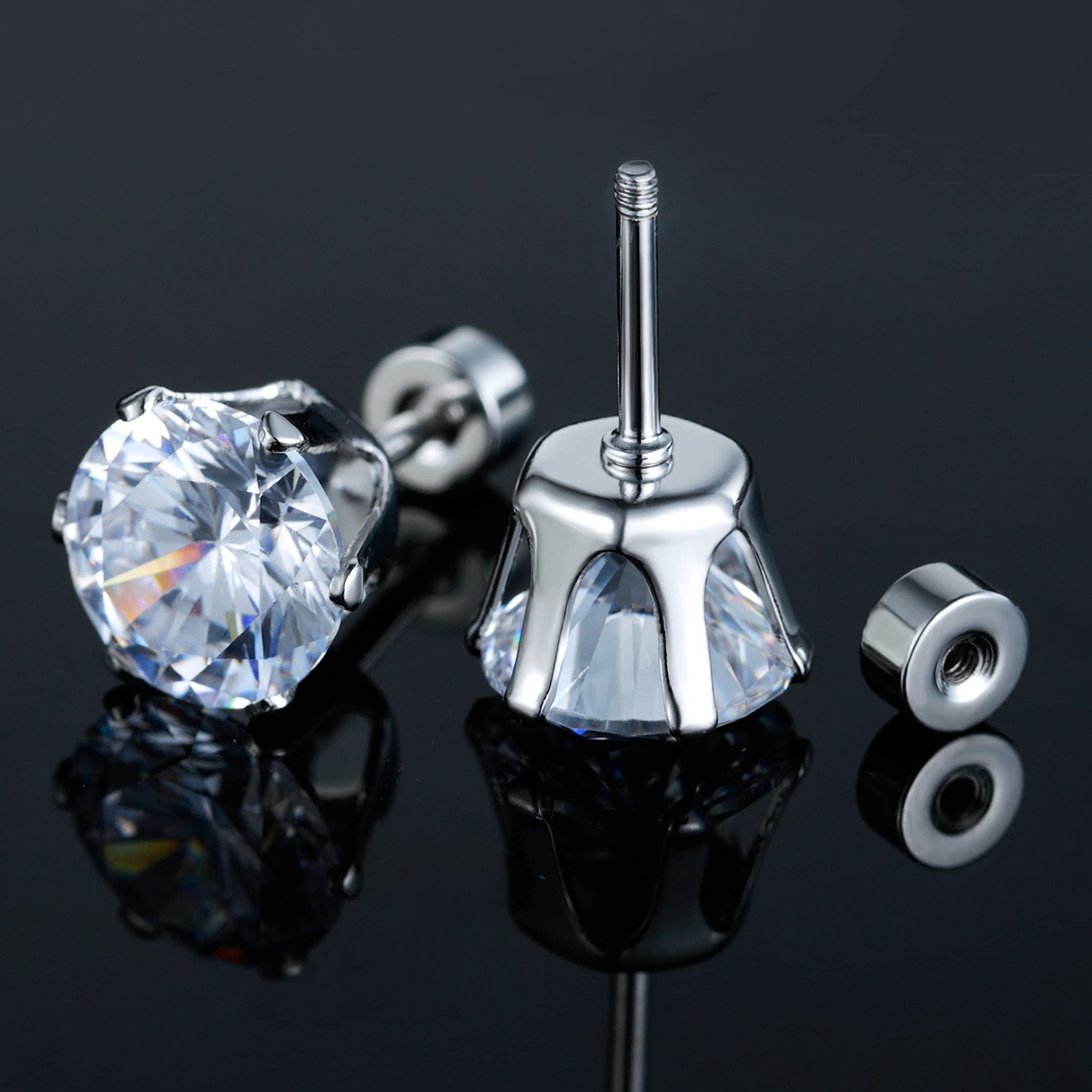 Hypoallergenic Surgical Stainless Steel Earrings for Women & Men - Flat Screw Back Helix Post, Cubic Zirconia Simulated Diamond Round Ball Stud Multipack | Perfect for Daily Wear, Work, Parties & Gifts