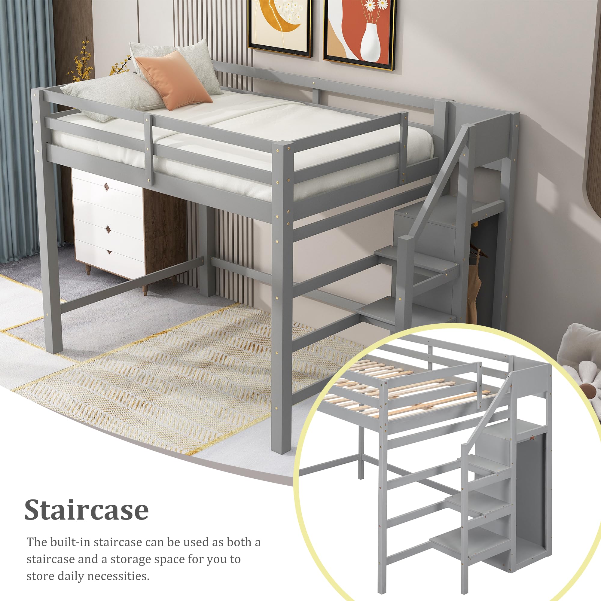 Polibi Full Size Wooden Loft Bed with Built-in Wardrobe & Staircase - Space Saving Storage Bed Frame with Guardrails, No Box Spring Needed, Grey - Perfect for Kids Rooms, Dormitories & Small Apartments