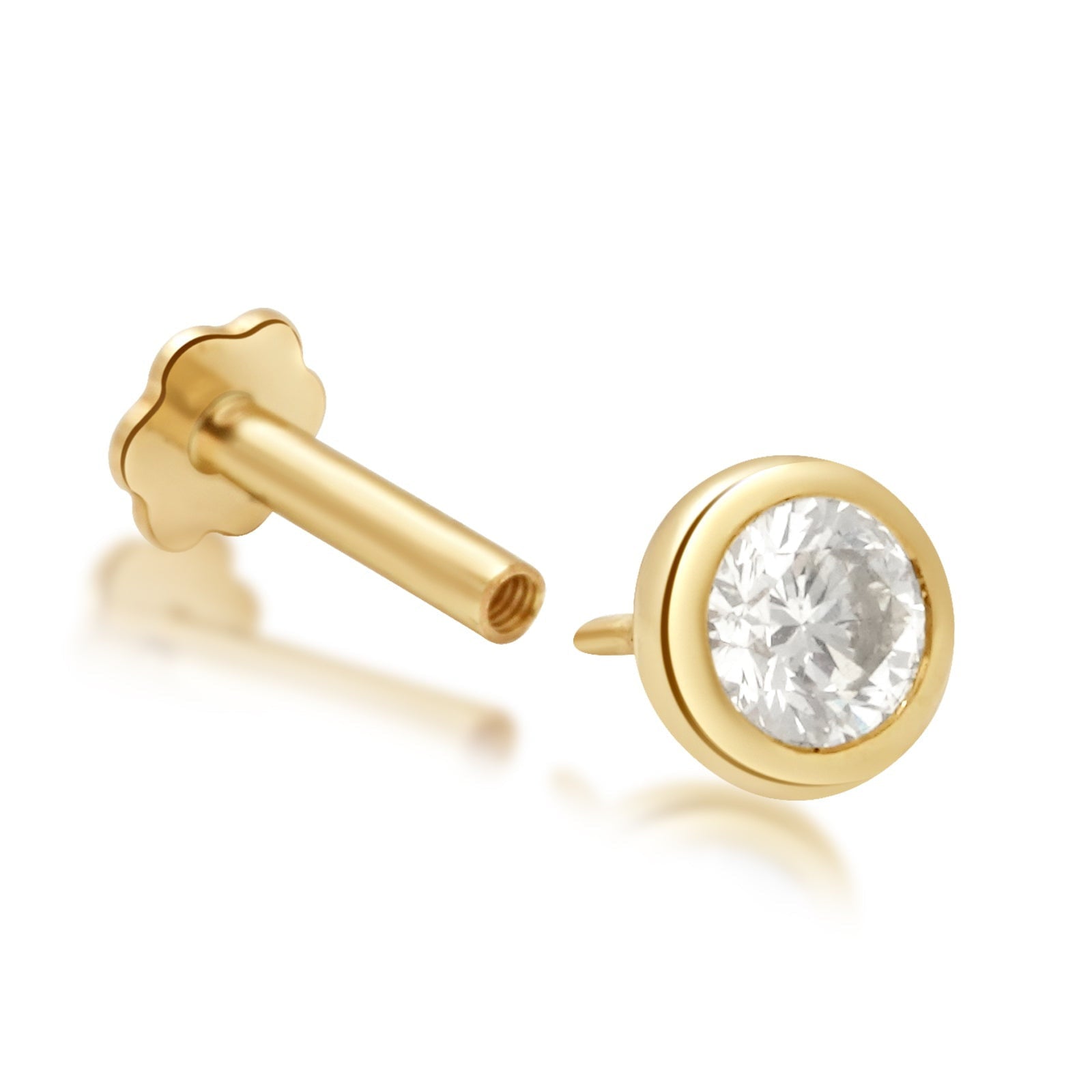 14K Yellow Gold Round Diamond Flat Back Stud Earrings - Bezel Set for Secure Wear | Perfect for Daily Use, Gifts & Special Occasions