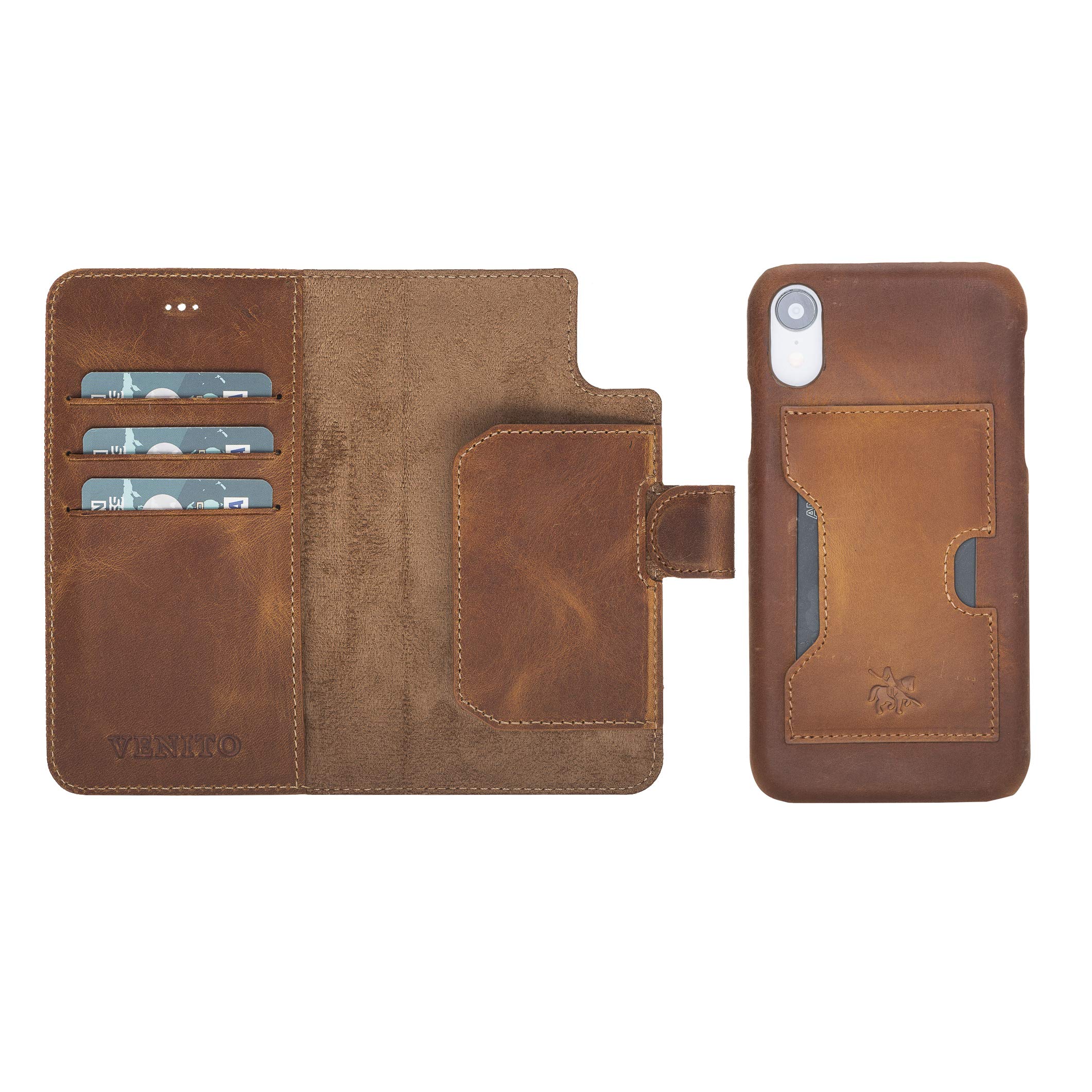 Venito Florence Genuine Leather Wallet Phone Case for iPhone XR - RFID Blocking Protection - Detachable Card Holder - Antique Brown - Perfect for Travel, Shopping & Everyday Use