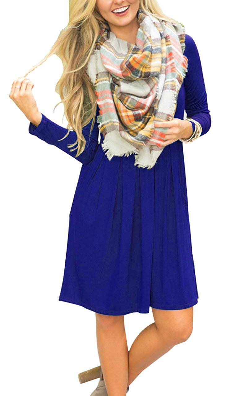 AUSELILY Women's Long Sleeve Pleated Swing Dress - Loose Casual Knee Length Dress with Pockets | 2025 New Trendy Outfit for Work, Date Night & Fall Season