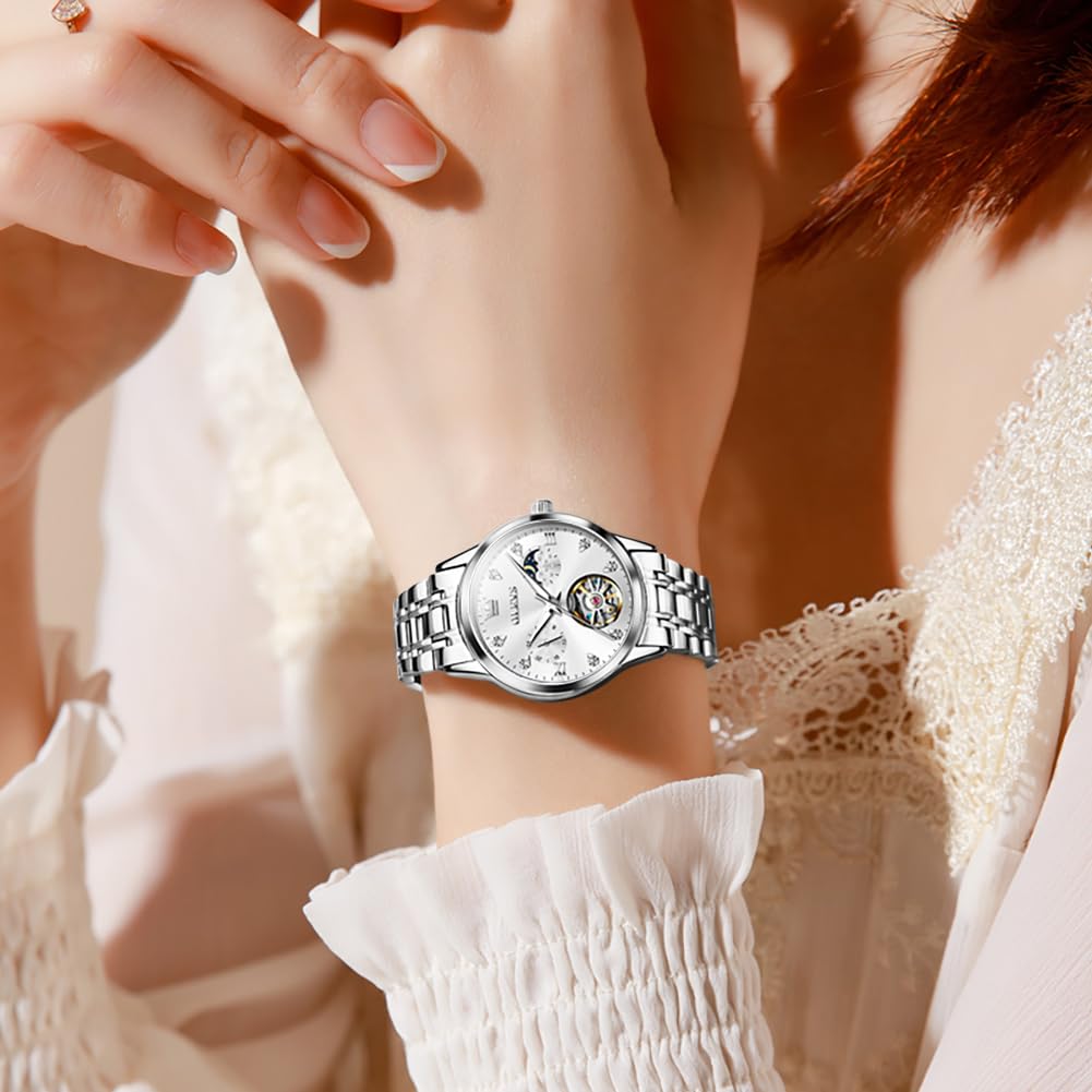 OLEVS Automatic Women's Watches with Diamond Tourbillon, Moon Phase & Luminous - Waterproof Dress Wristwatch for Business, Party & Formal Occasions