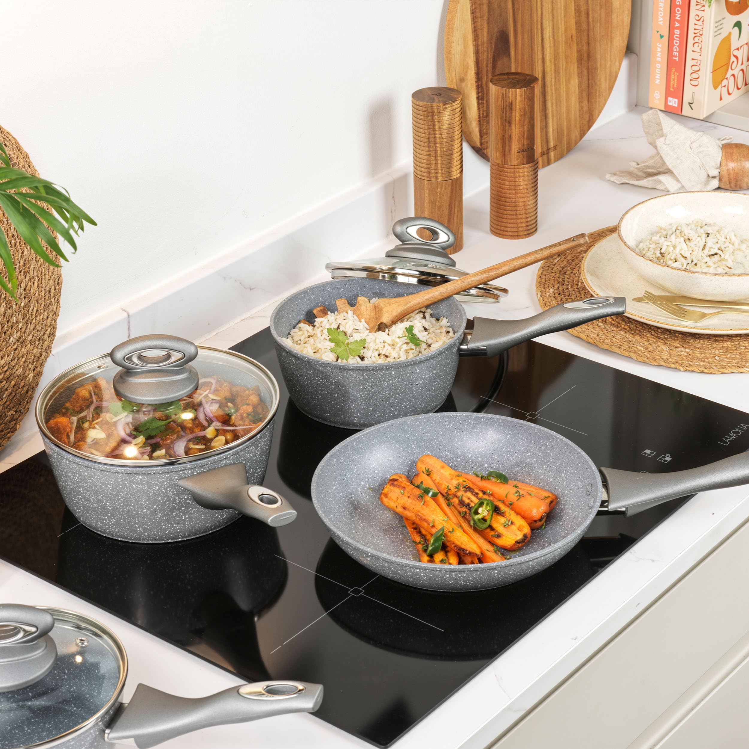 Premium Salter Marblestone 4-Piece Nonstick Cookware Set - 16cm, 18cm, 20cm Sauce Pans with Lids & 24cm Frying Pan | PFOA-Free Forged Aluminum, Induction Compatible | Perfect for Everyday Cooking, Meal Prep & Family Dinners