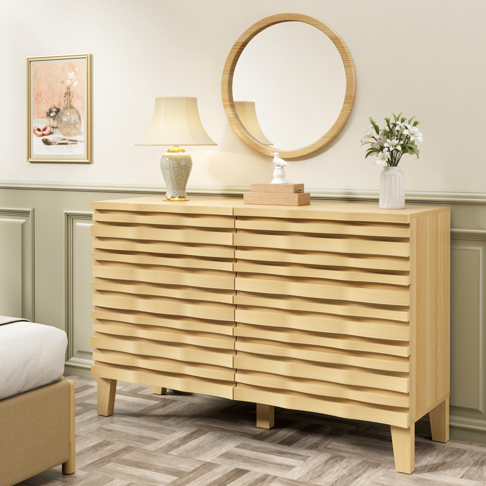 Mid Century Modern 6-Drawer Dresser and Nightstand Set - Solid Wood Bedroom Furniture with Fluted Design & Moire Pattern - Ivory White Storage Set for Master Bedroom, Guest Room, or Apartment