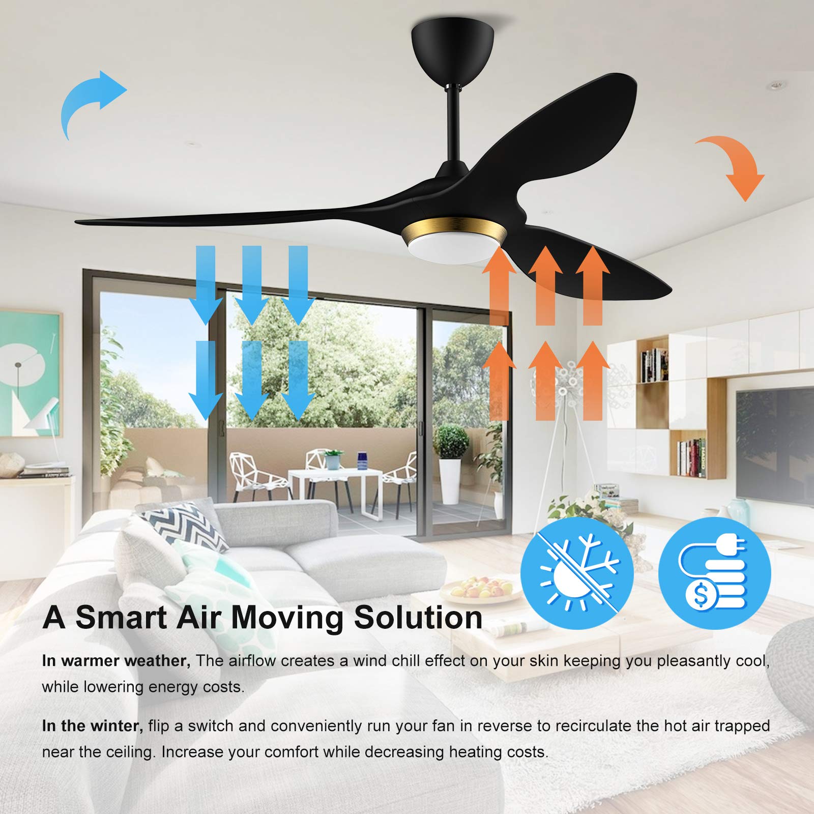 Reiga 52 Inch Black Modern Ceiling Fan with Light - Smart WiFi & Remote Control, 3 Blade Quiet DC Motor for Living Room, Bedroom, Patio, Garage - ETL Certified - Perfect for Home Cooling & Stylish Interior Decor