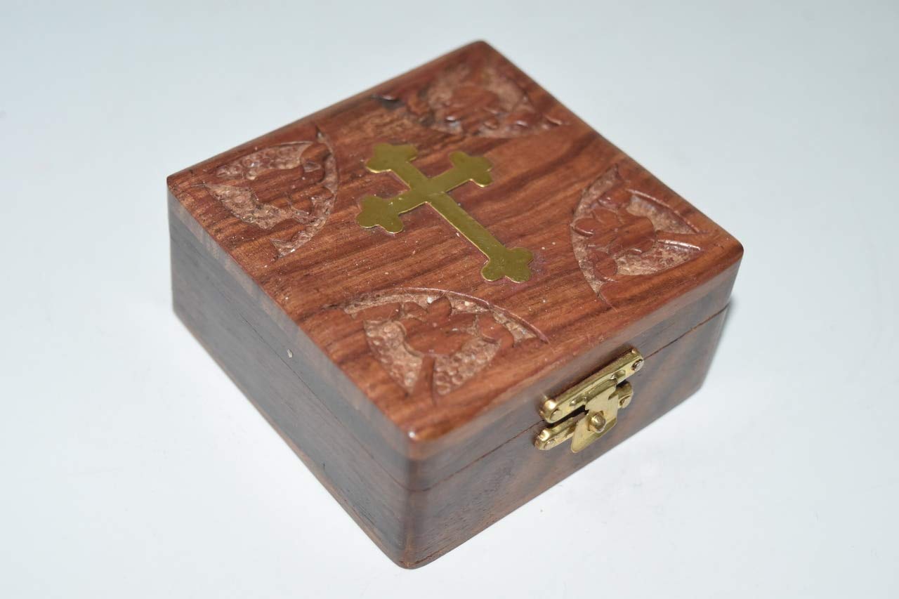 Nature's Enlightenment Cross Inlaid Square Rosary Bead Box - Wooden Prayer Bead Storage, Religious Altar Supplies, Spiritual Gift for Christians (Perfect for Home Altar, Church Use & Thoughtful Present Giving)