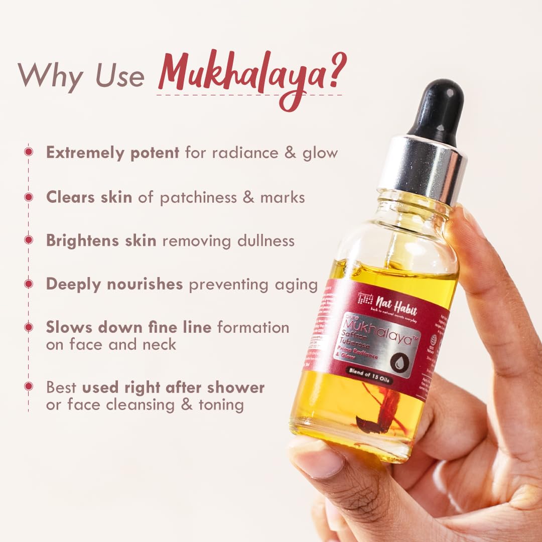 NAT HABIT Saffron Tuberose Mukhalaya Face Oil for Women - 15ml | Blend of 15 Cold Pressed Oils for Skin Radiance, Glow & Dullness Removal | Perfect for Daily Skincare Routine & Special Occasion Glow