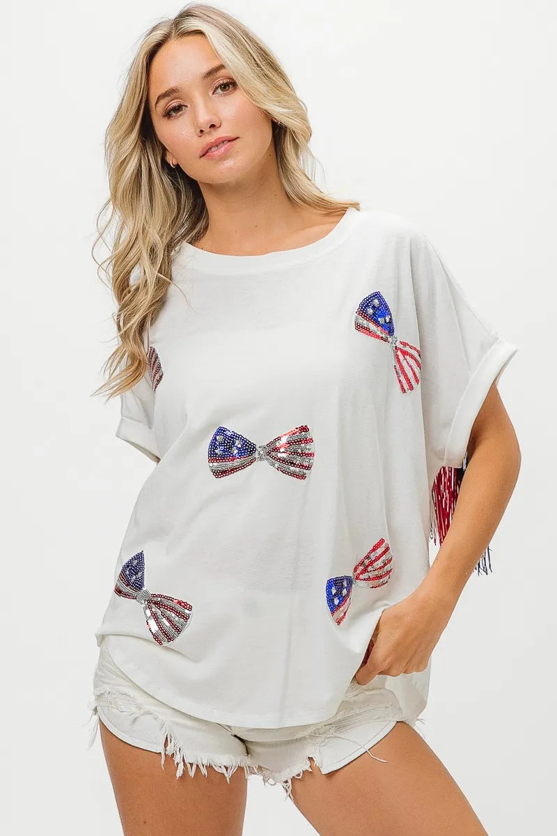 BiBi Patriotic American Flag Sequin Ribbon T-Shirt - Stylish USA Pride Top for Women, Perfect for 4th of July, Memorial Day & Independence Day Celebrations