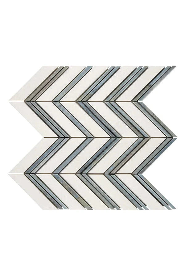 White Thassos Marble Chevron Blue Mosaic Tile - Premium Natural Stone Wall & Floor Decor for Bathroom, Kitchen Backsplash, and Fireplace