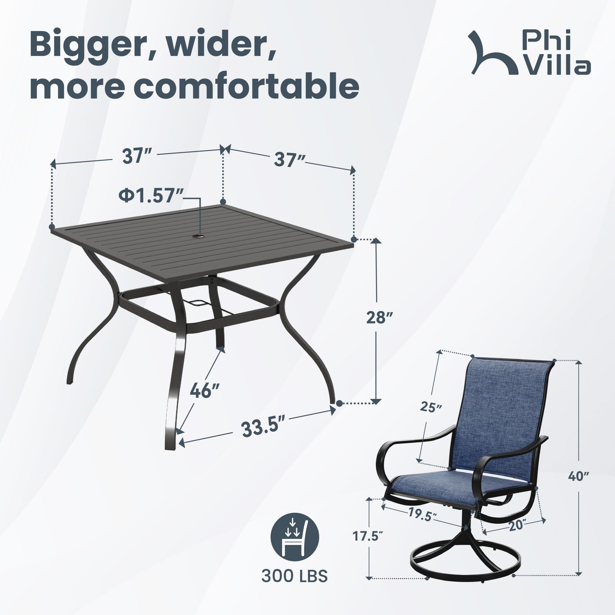 PHI VILLA 5-Piece Outdoor Patio Dining Set with Swivel Chairs & 37