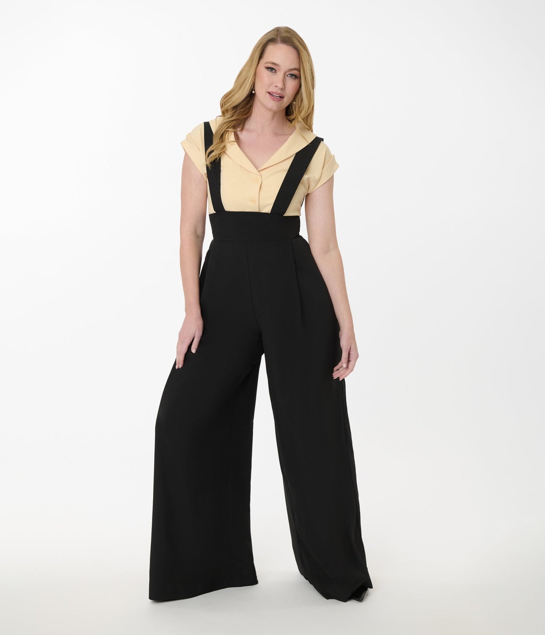Vintage Black Wide Leg Rochelle Suspenders Pants for Women - Retro High Waist Trousers with Adjustable Straps - Perfect for 1920s Themed Parties, Cosplay & Vintage Fashion
